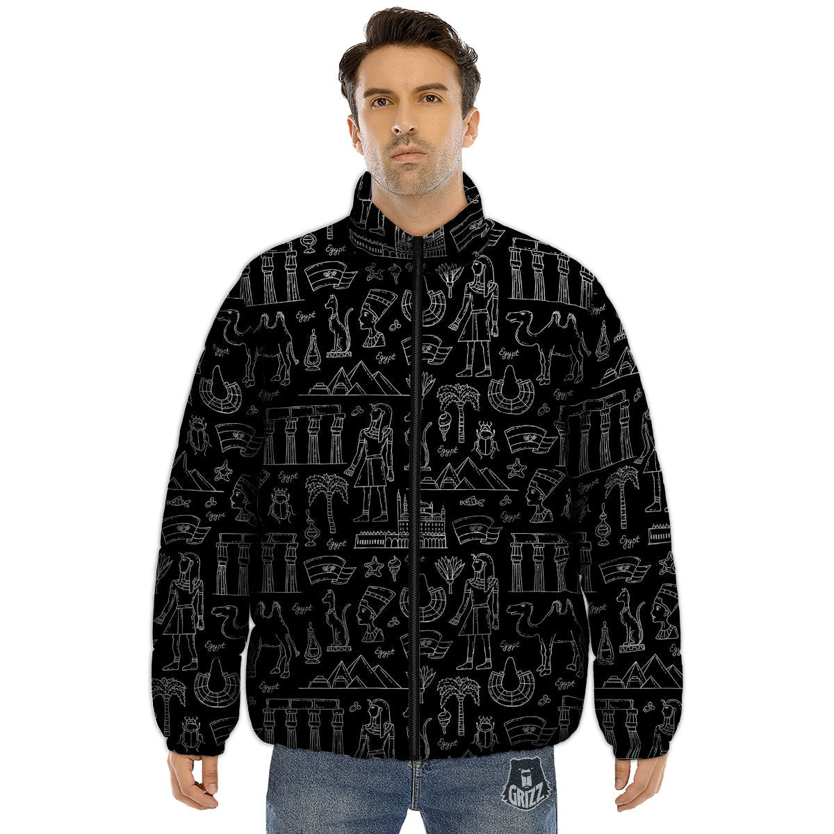 Egypt White And Black Print Pattern Puffer Jacket-grizzshop