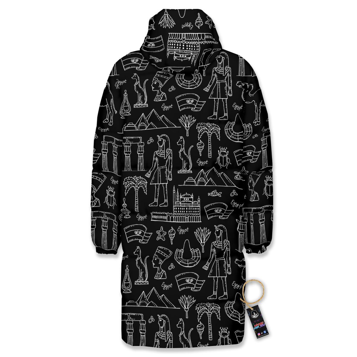 Egypt White And Black Print Pattern Long Down Jacket