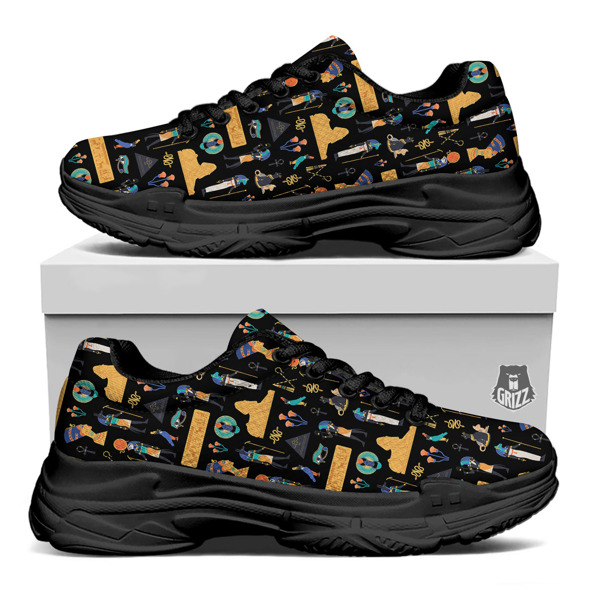 Egyptian Ancient Print Pattern Black Chunky Shoes-grizzshop