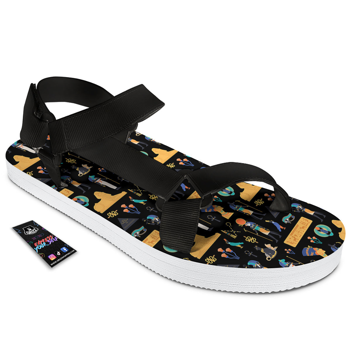 Egyptian Ancient Print Pattern Black Open Toe Sandals-grizzshop
