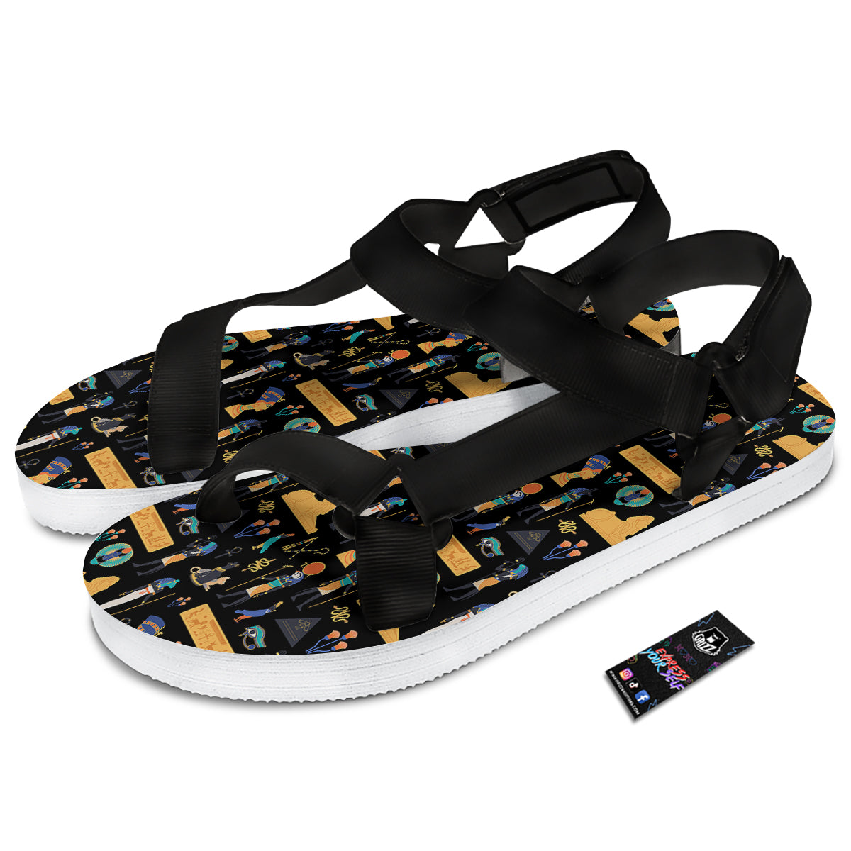 Egyptian Ancient Print Pattern Black Open Toe Sandals-grizzshop