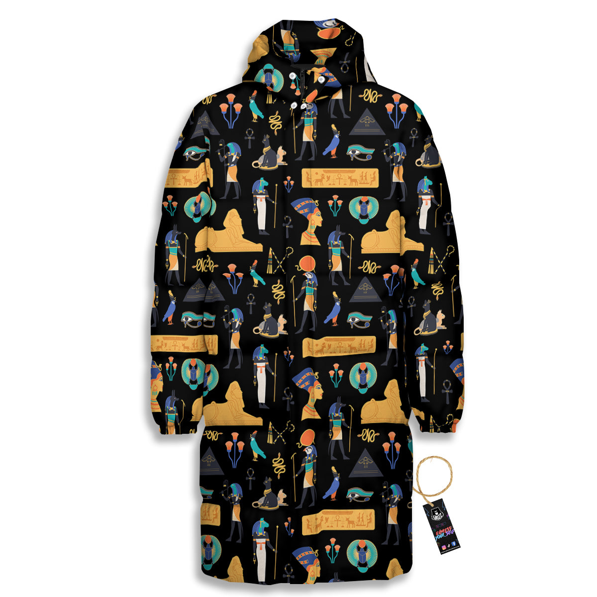 Egyptian Ancient Print Pattern Long Down Jacket-grizzshop