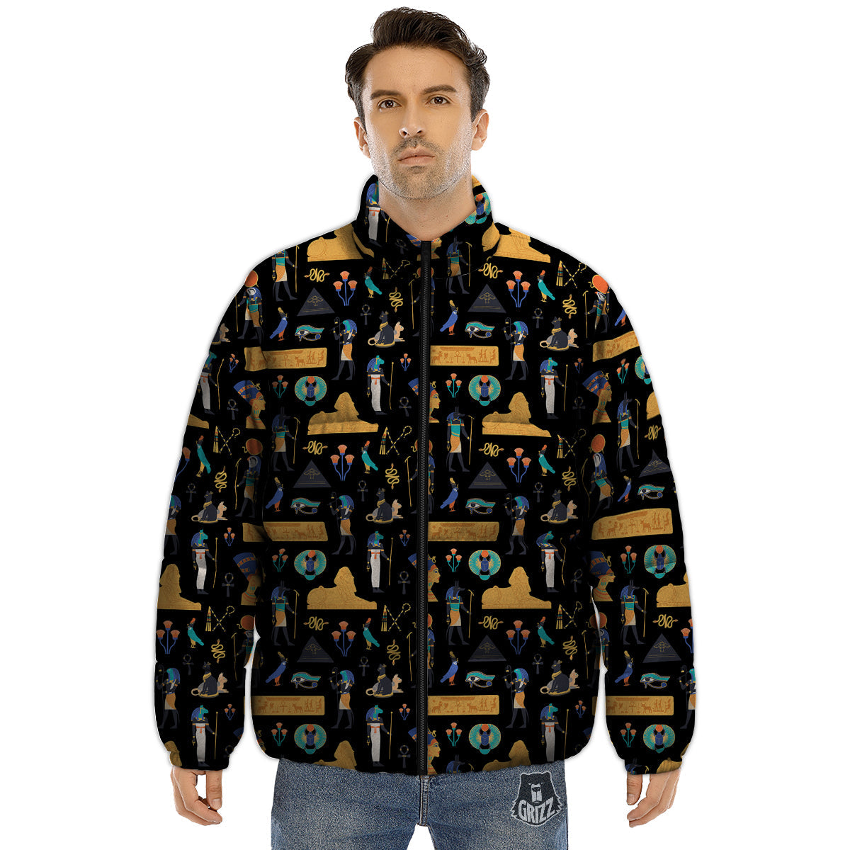 Egyptian Ancient Print Pattern Puffer Jacket-grizzshop