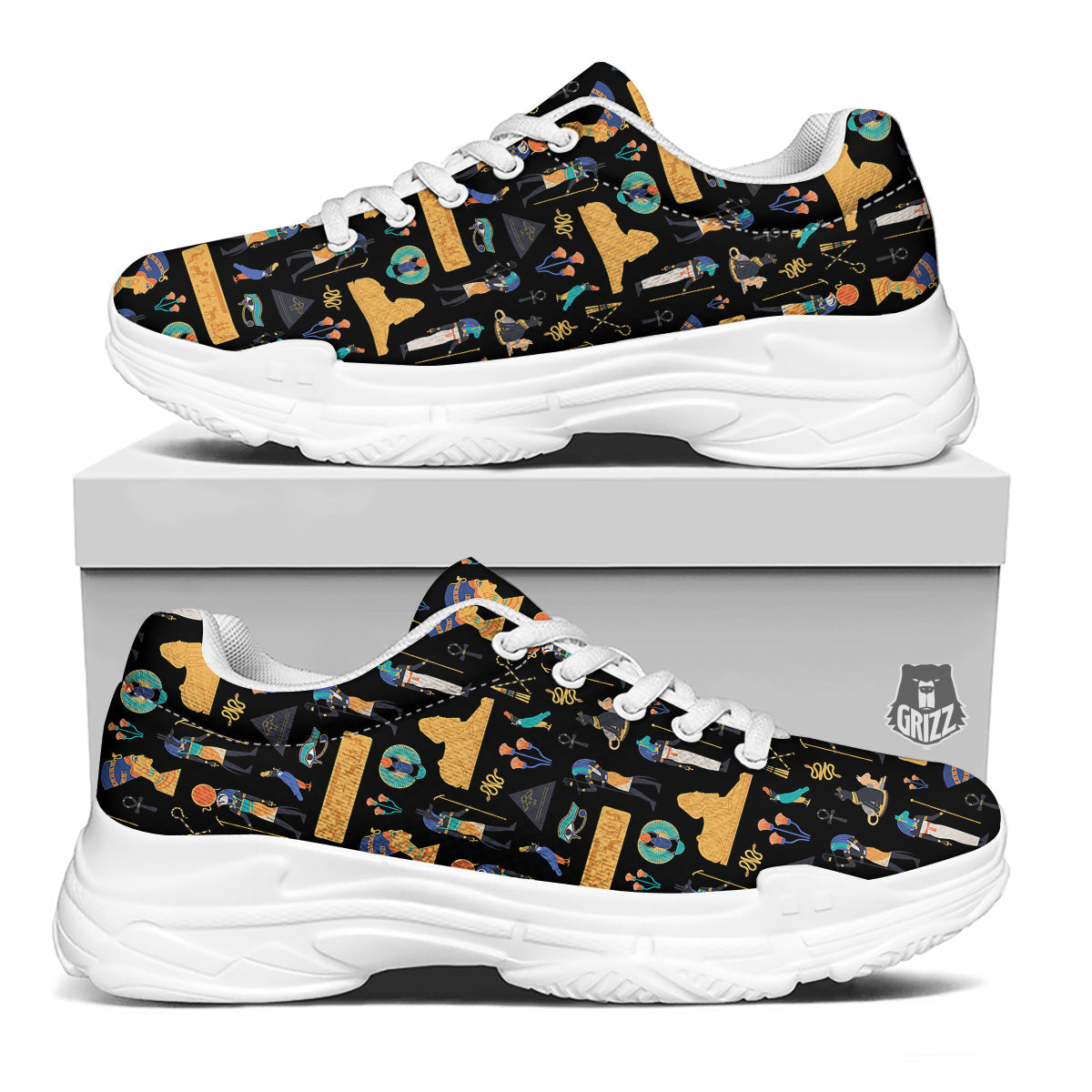 Egyptian Ancient Print Pattern White Chunky Shoes-grizzshop