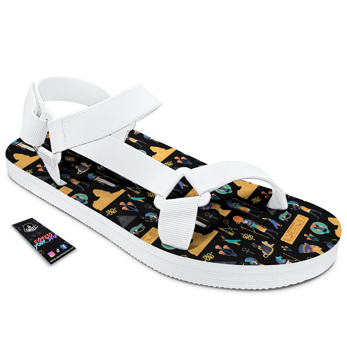 Egyptian Ancient Print Pattern White Open Toe Sandals-grizzshop