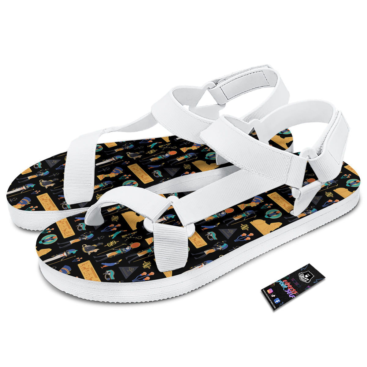 Egyptian Ancient Print Pattern White Open Toe Sandals-grizzshop