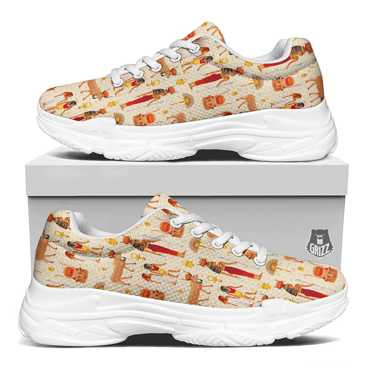 Egyptian Cow Hathor Goddess Print Pattern White Chunky Shoes-grizzshop