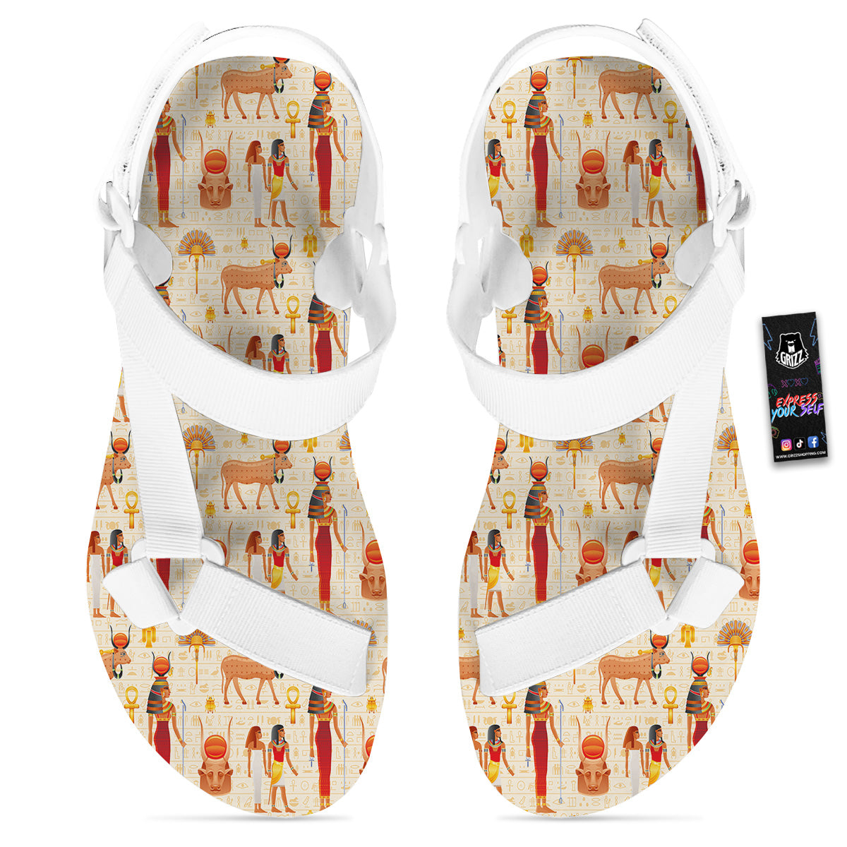 Egyptian Cow Hathor Goddess Print Pattern White Open Toe Sandals-grizzshop
