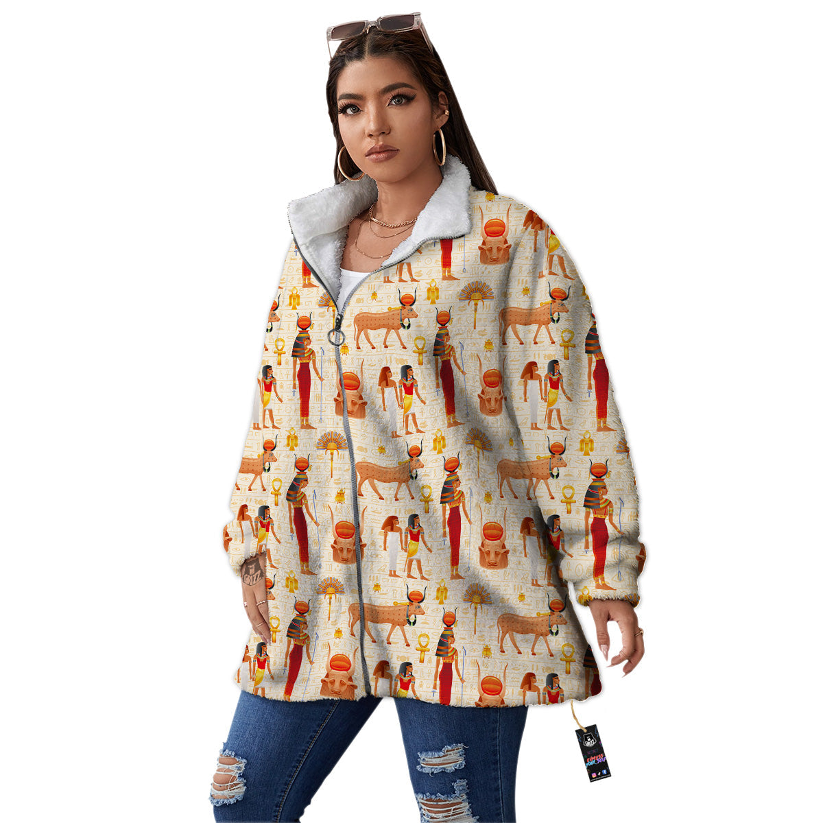 Egyptian Cow Hathor Goddess Print Pattern Women's Sherpa Jacket-grizzshop