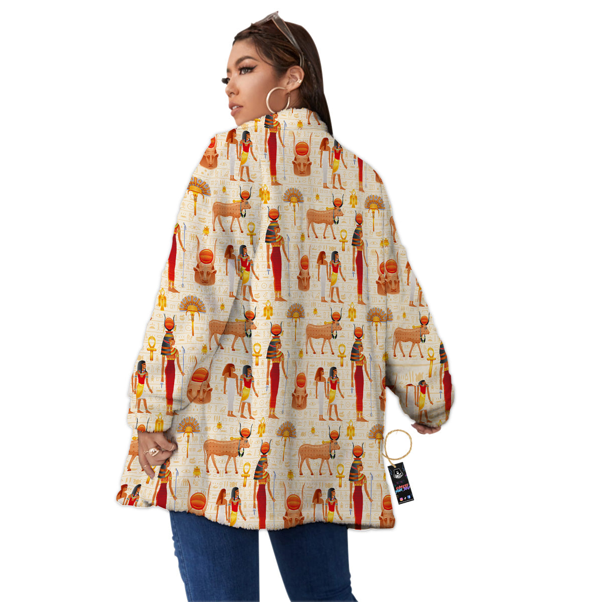 Egyptian Cow Hathor Goddess Print Pattern Women's Sherpa Jacket-grizzshop