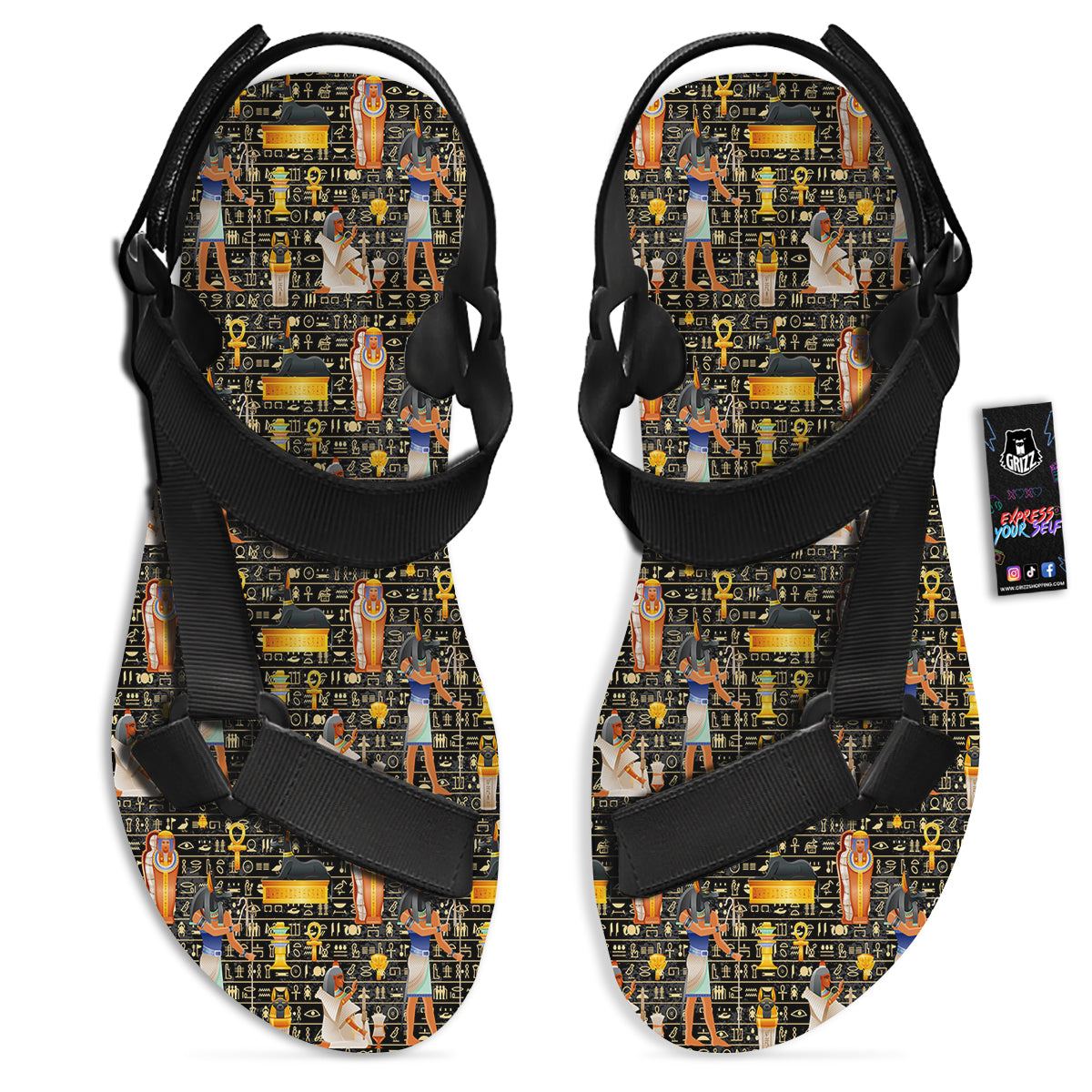Egyptian Jackal Anubis God Print Pattern Black Open Toe Sandals-grizzshop