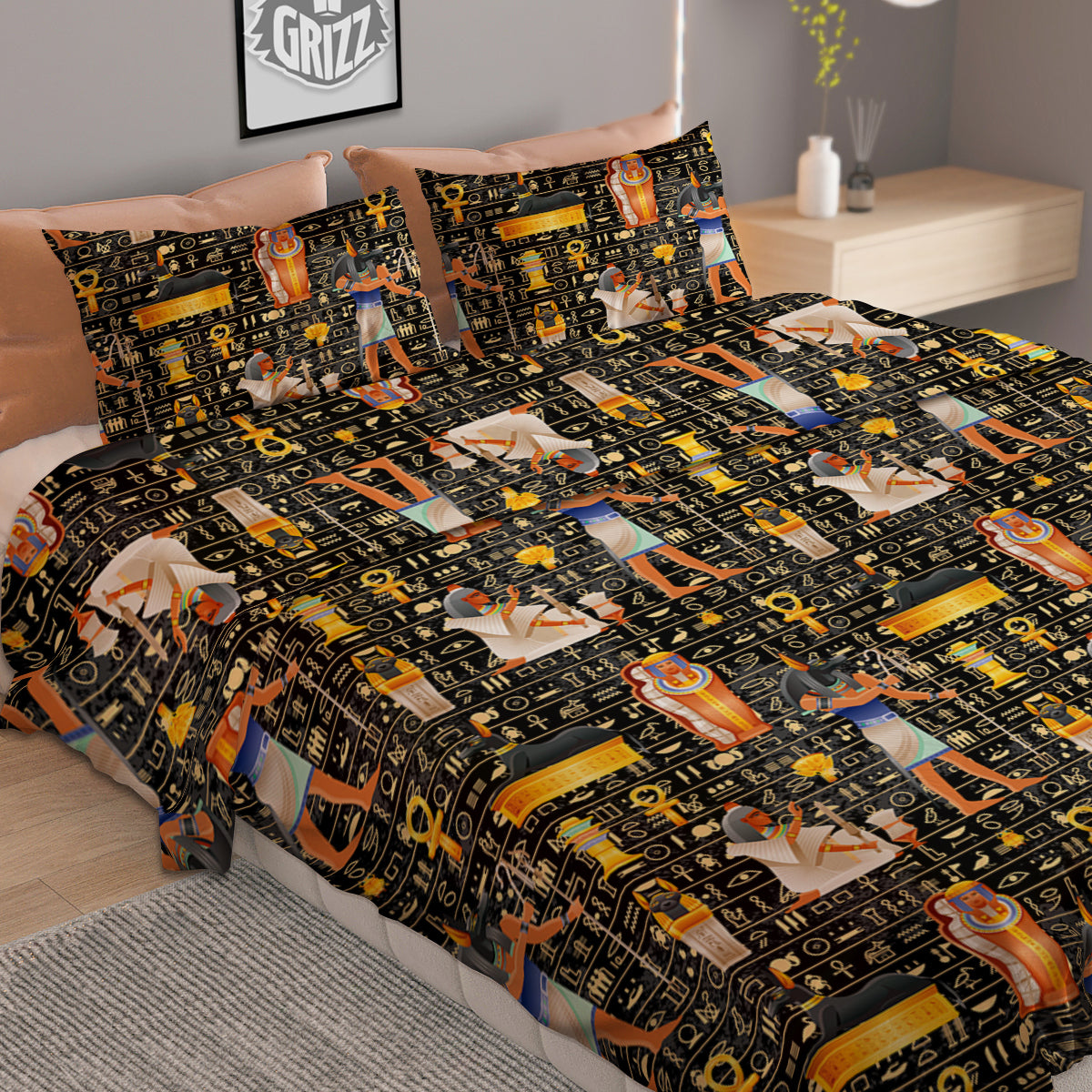 Egyptian Jackal Anubis God Print Pattern Duvet Cover Bedding Set