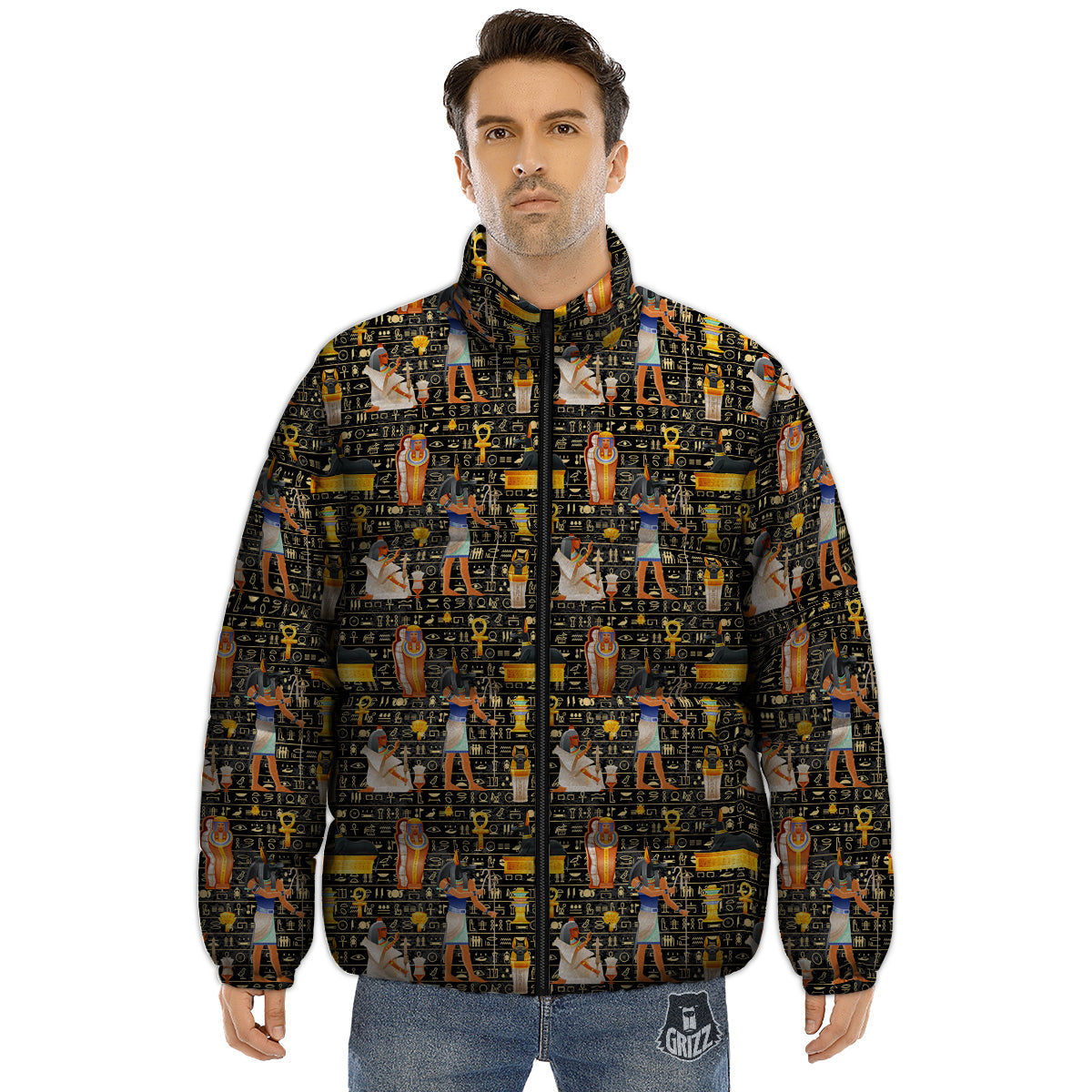 Egyptian Jackal Anubis God Print Pattern Puffer Jacket-grizzshop