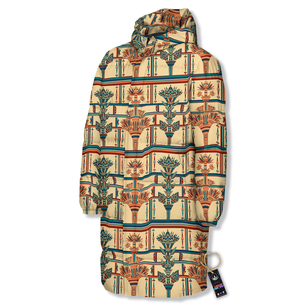 Egyptian Ornament Print Pattern Long Down Jacket-grizzshop