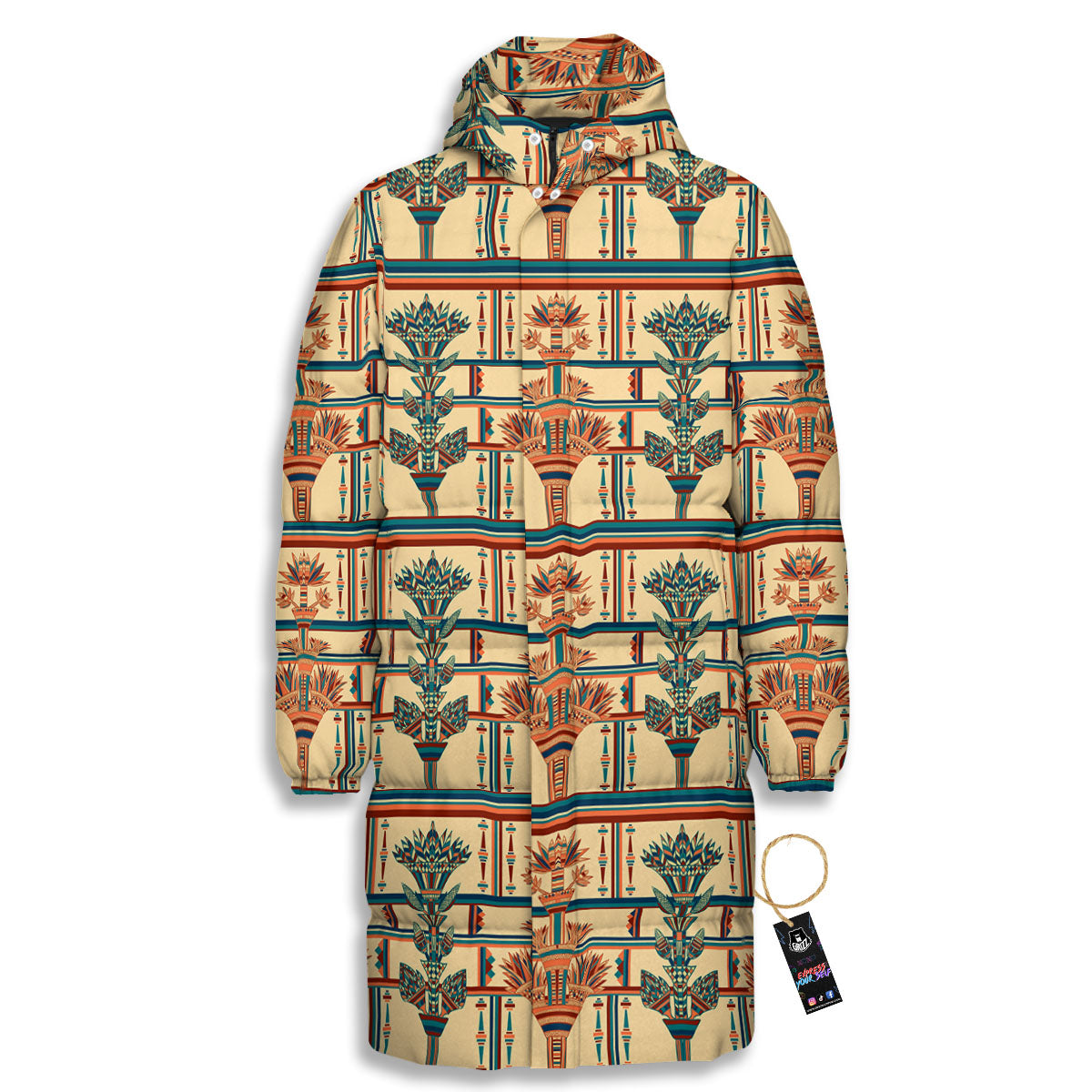 Egyptian Ornament Print Pattern Long Down Jacket-grizzshop