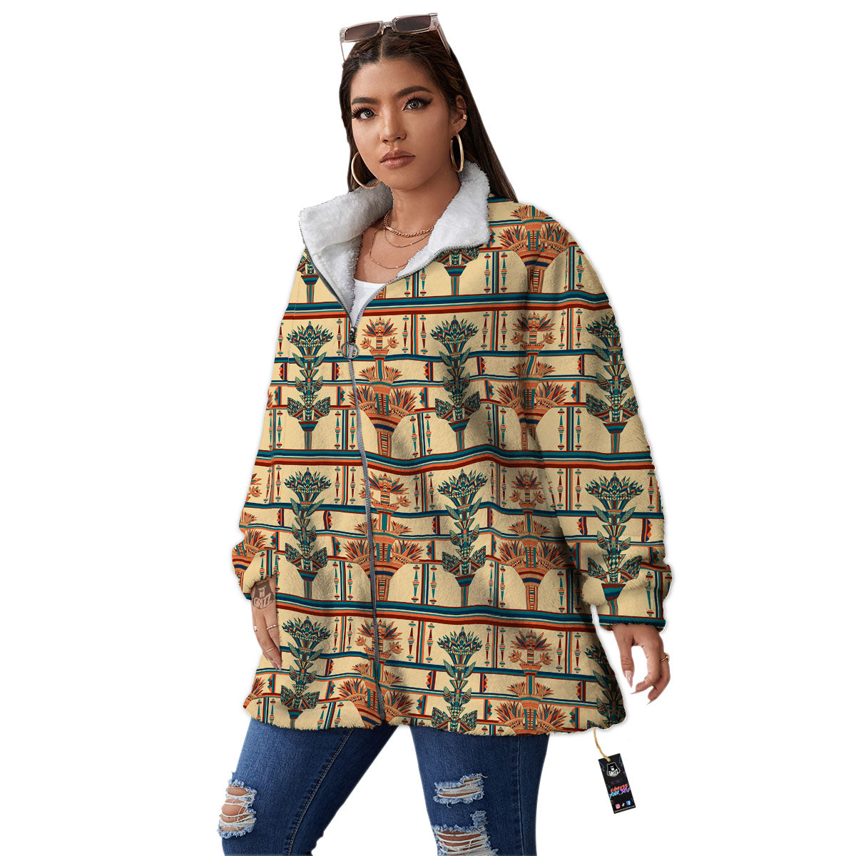 Egyptian Ornament Print Pattern Women's Sherpa Jacket-grizzshop