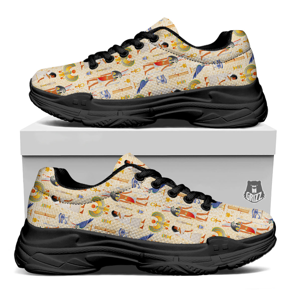 Egyptian Print Pattern Black Chunky Shoes-grizzshop