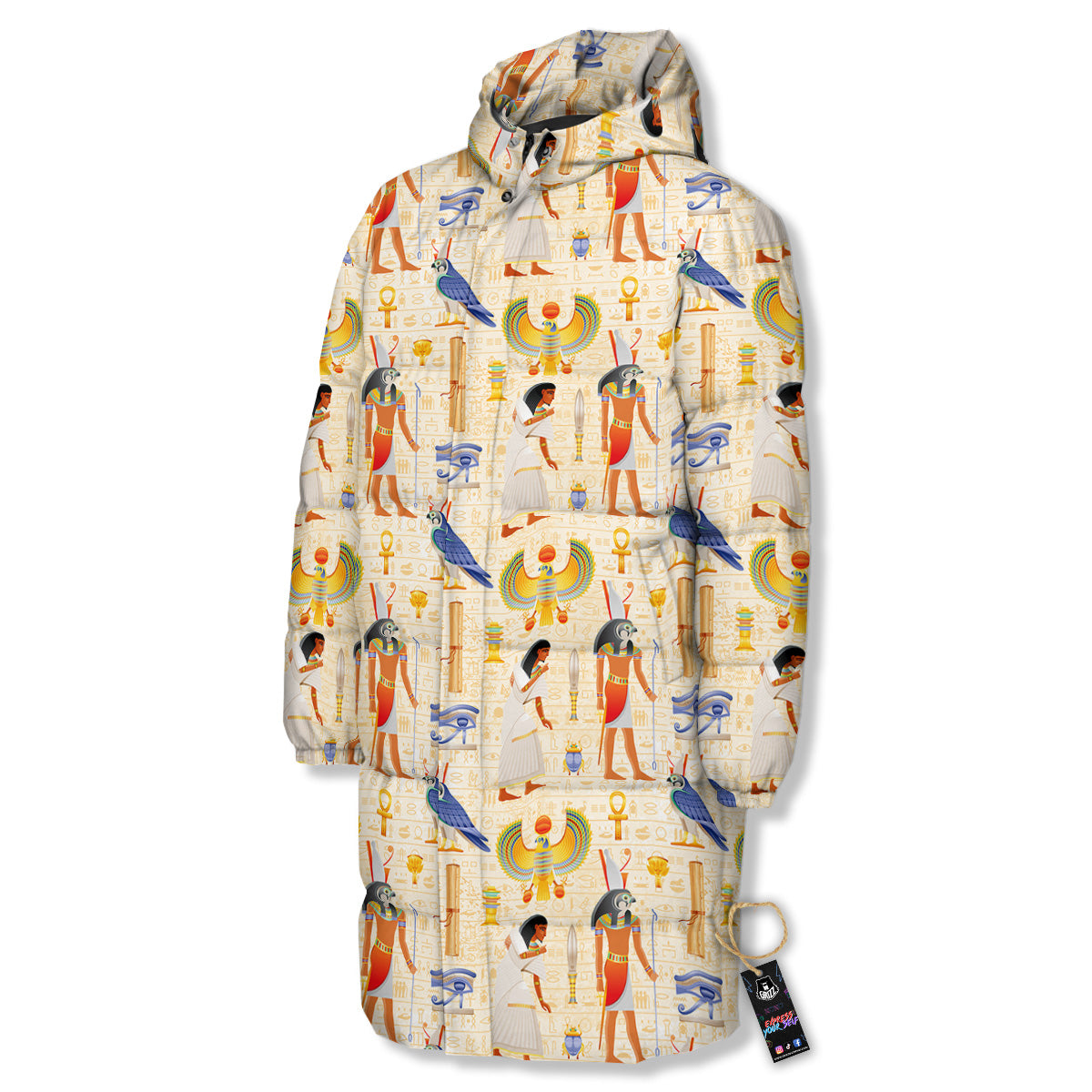 Egyptian Print Pattern Long Down Jacket-grizzshop