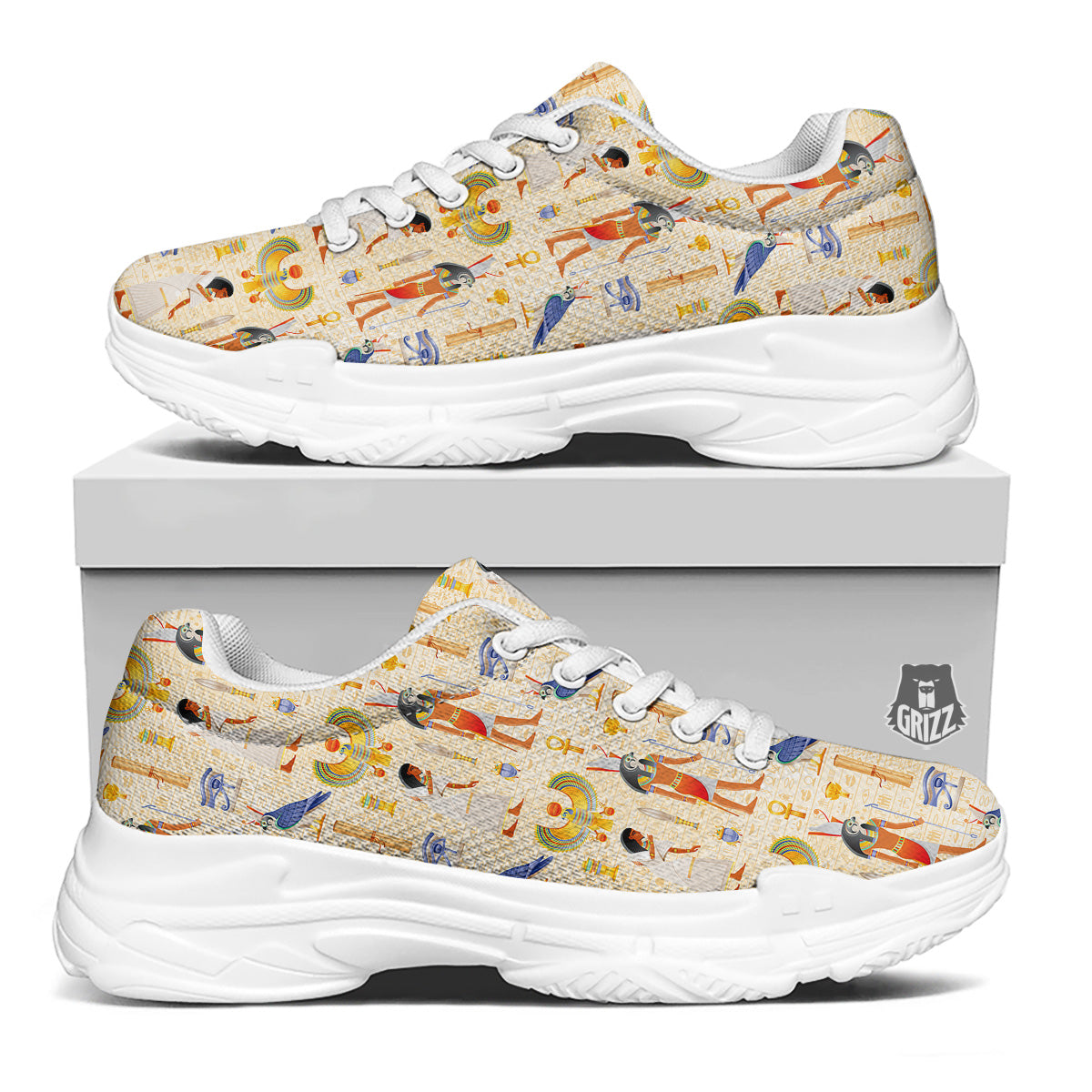 Egyptian Print Pattern White Chunky Shoes-grizzshop
