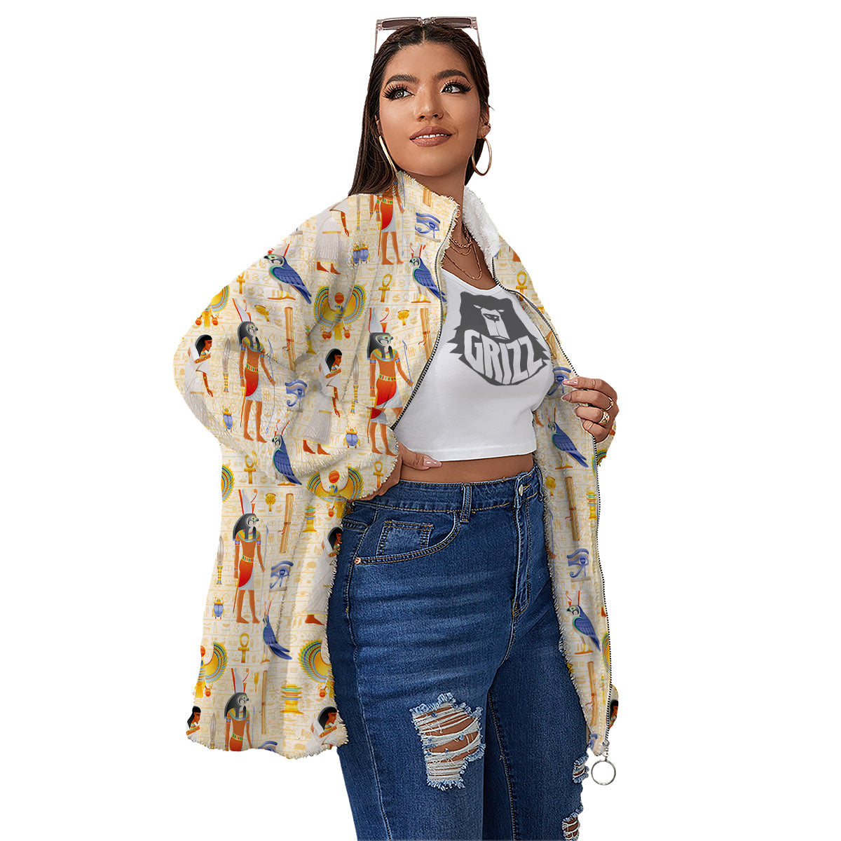 Egyptian Print Pattern Women's Sherpa Jacket-grizzshop