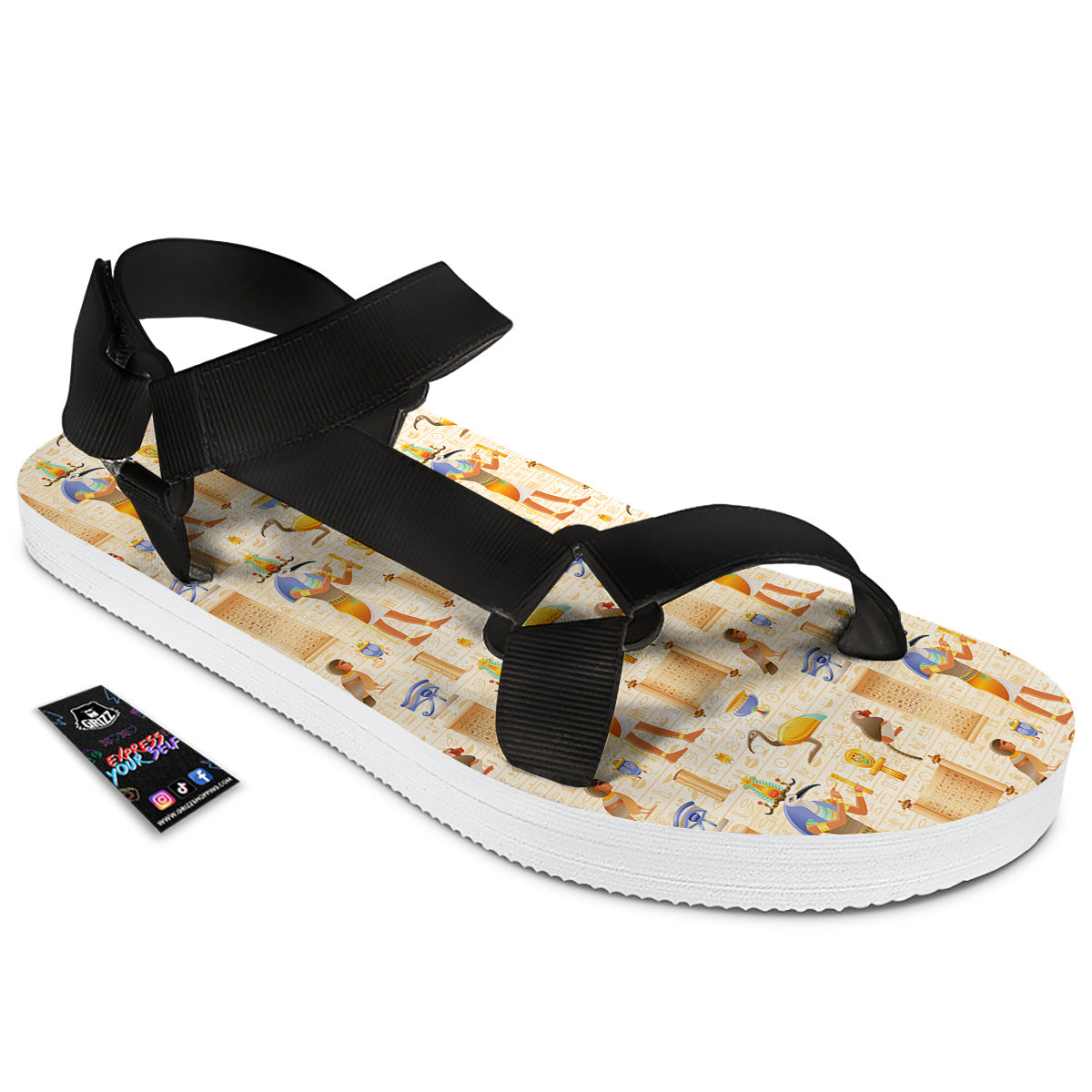 Egyptian Thoth Print Pattern Black Open Toe Sandals-grizzshop