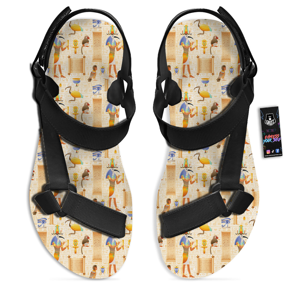 Egyptian Thoth Print Pattern Black Open Toe Sandals-grizzshop