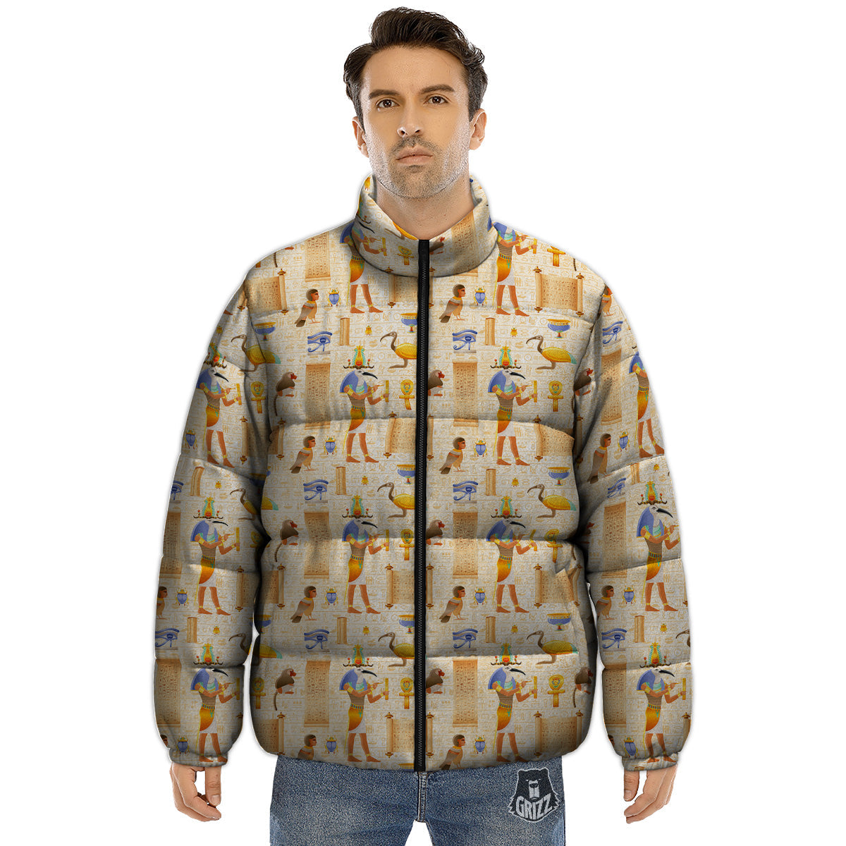 Egyptian Thoth Print Pattern Puffer Jacket-grizzshop