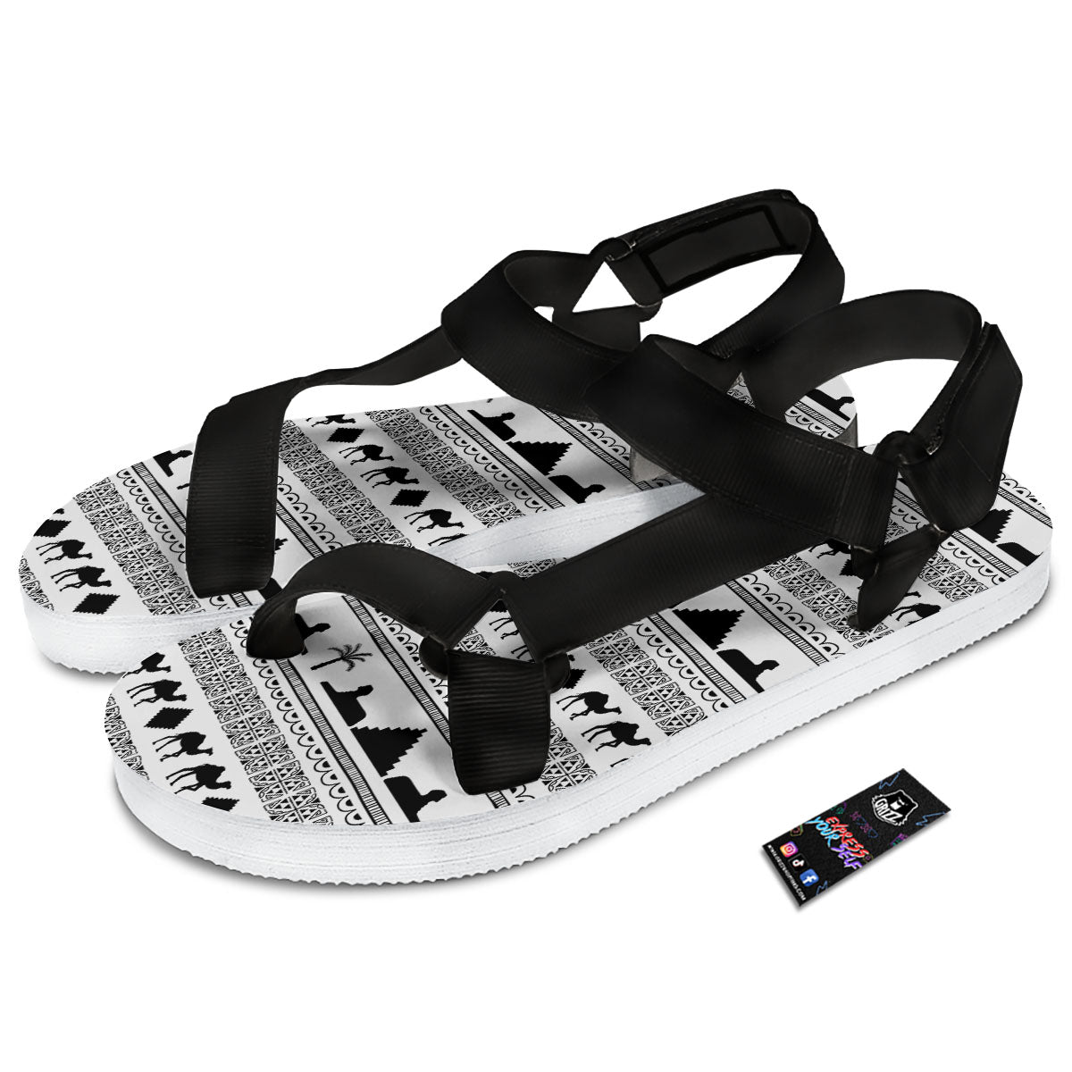 Egyptian White And Black Print Pattern Black Open Toe Sandals-grizzshop