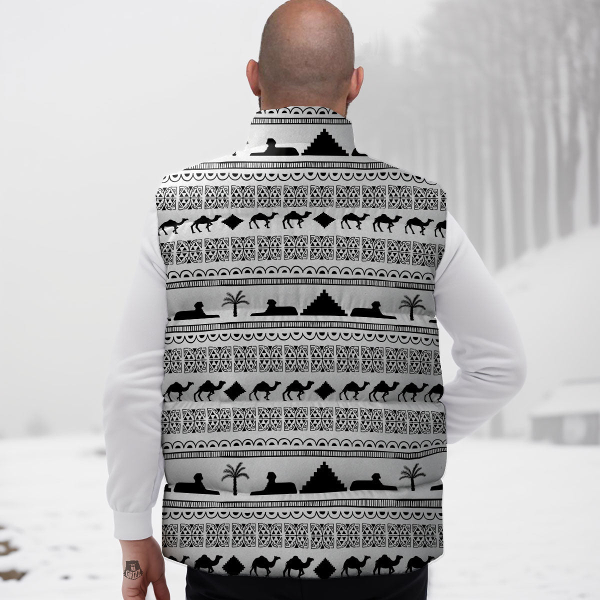 Egyptian White And Black Print Pattern Down Vest
