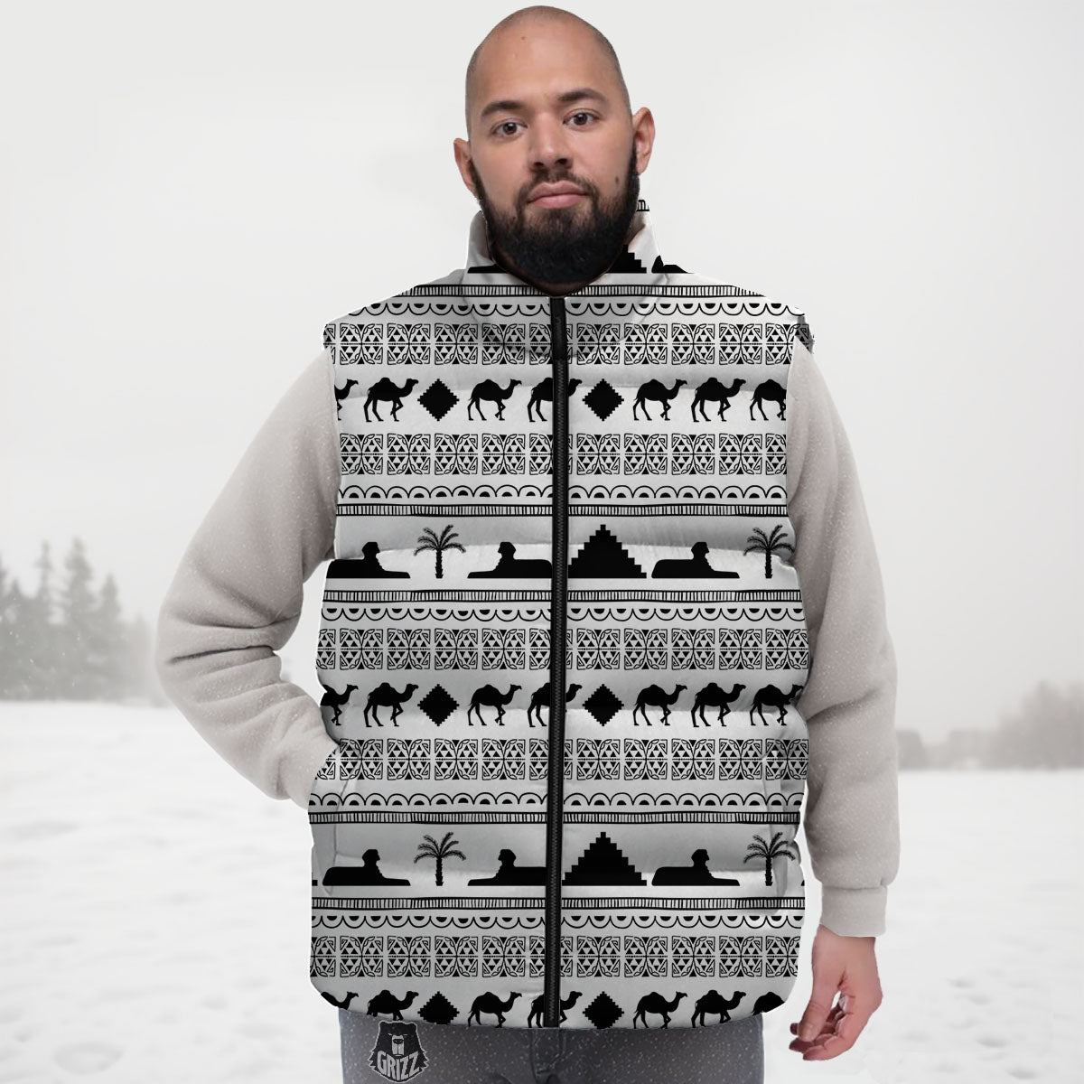 Egyptian White And Black Print Pattern Down Vest
