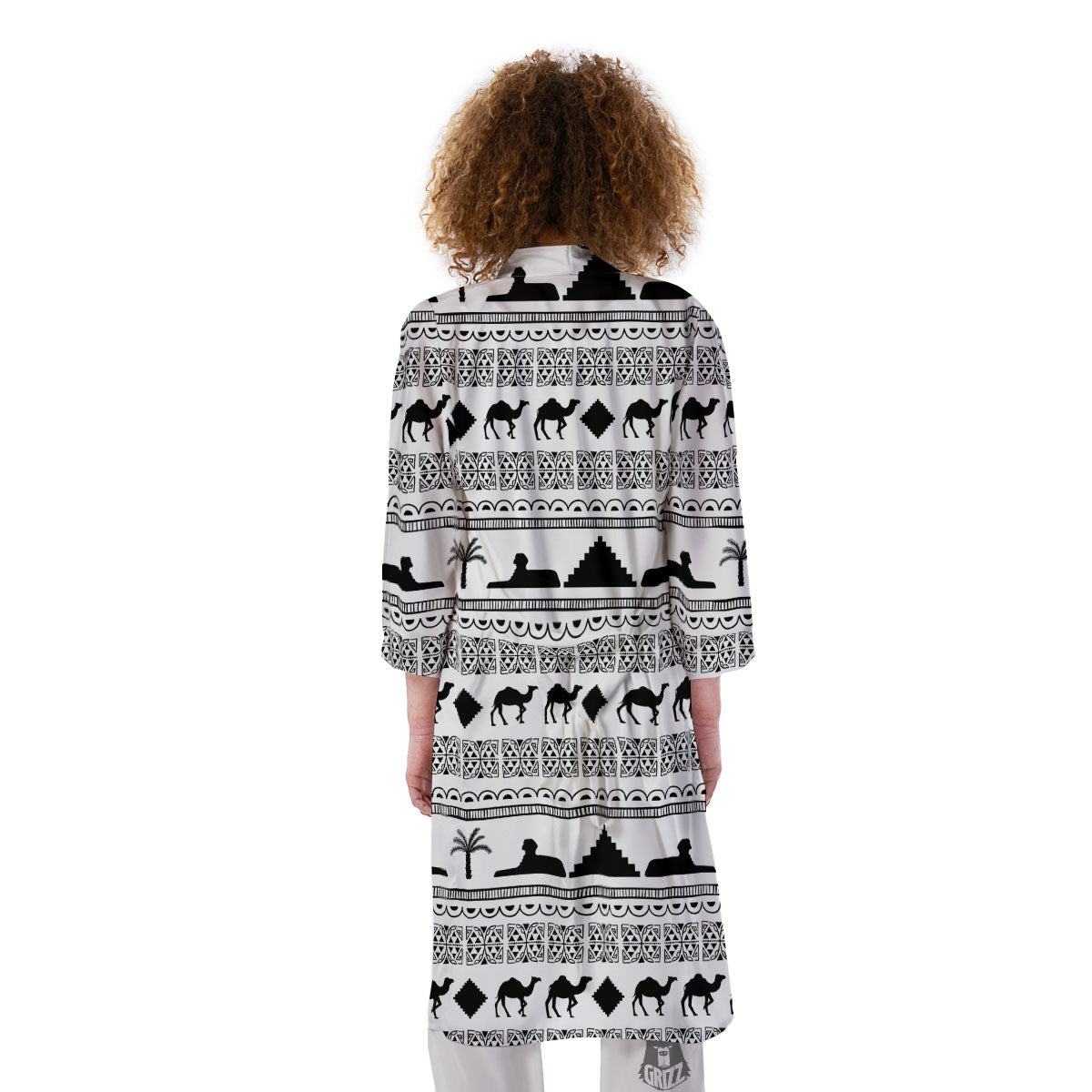 Egyptian White And Black Print Pattern Kimono-grizzshop