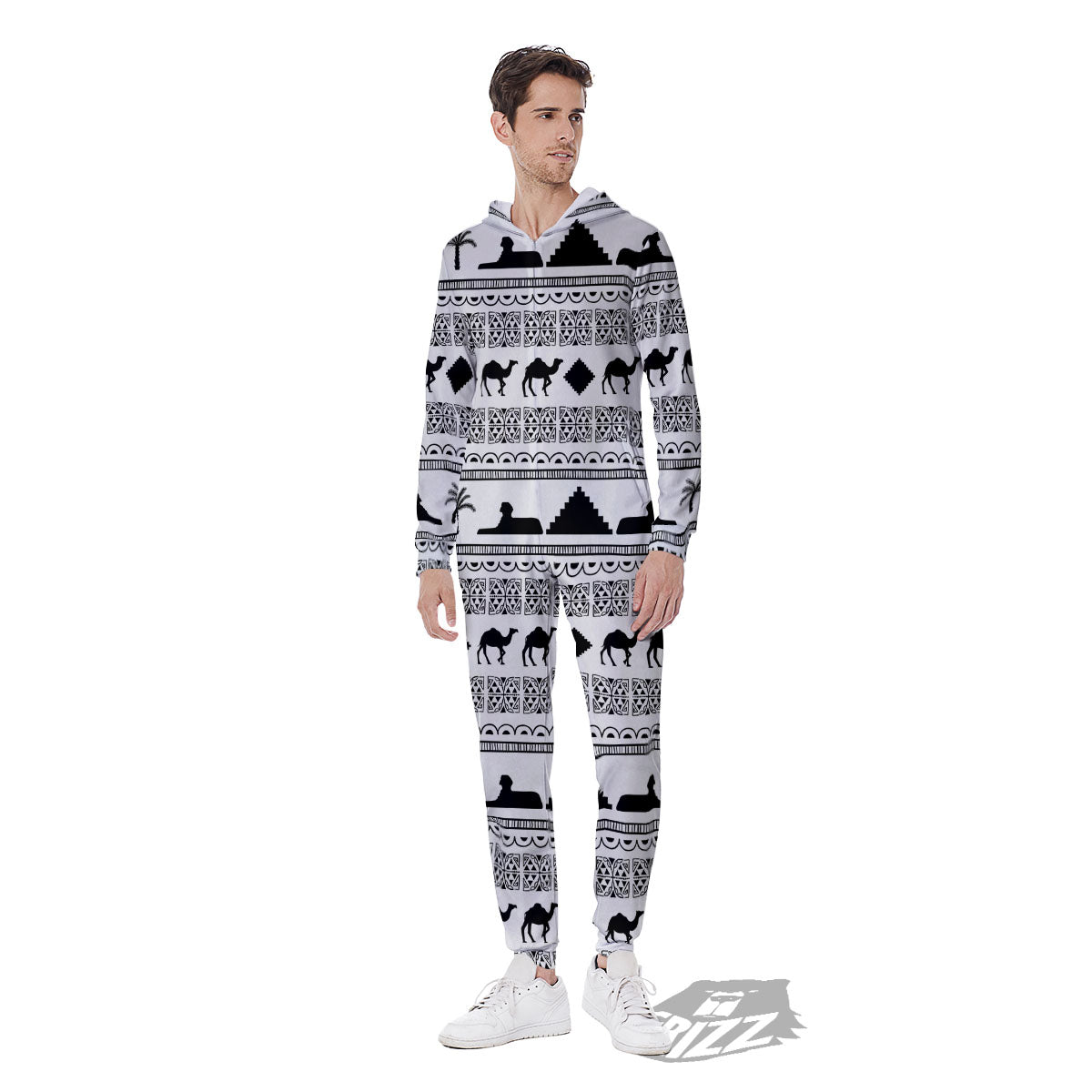 Egyptian White And Black Print Pattern Men's Jumpsuit-grizzshop