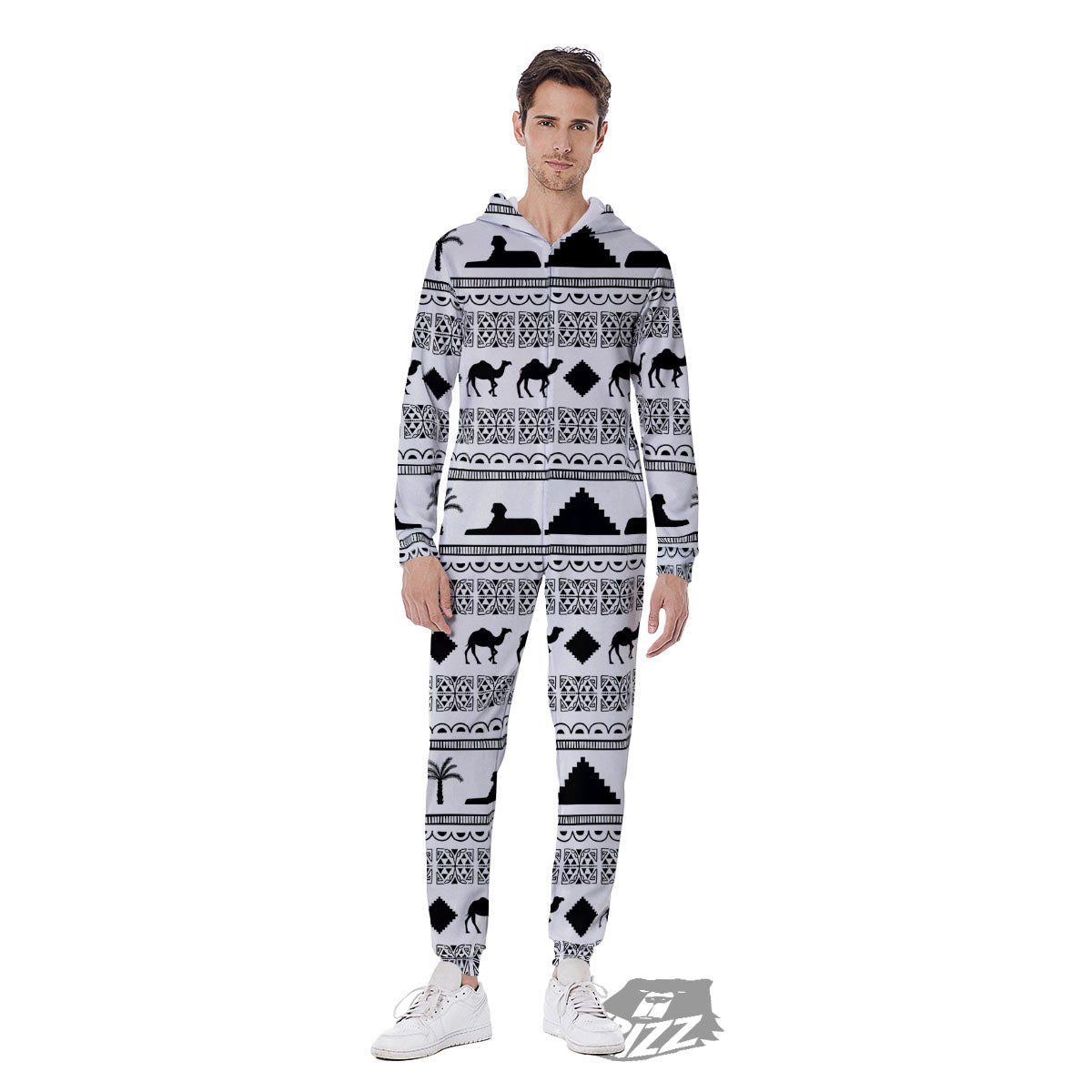 Egyptian White And Black Print Pattern Men's Jumpsuit-grizzshop