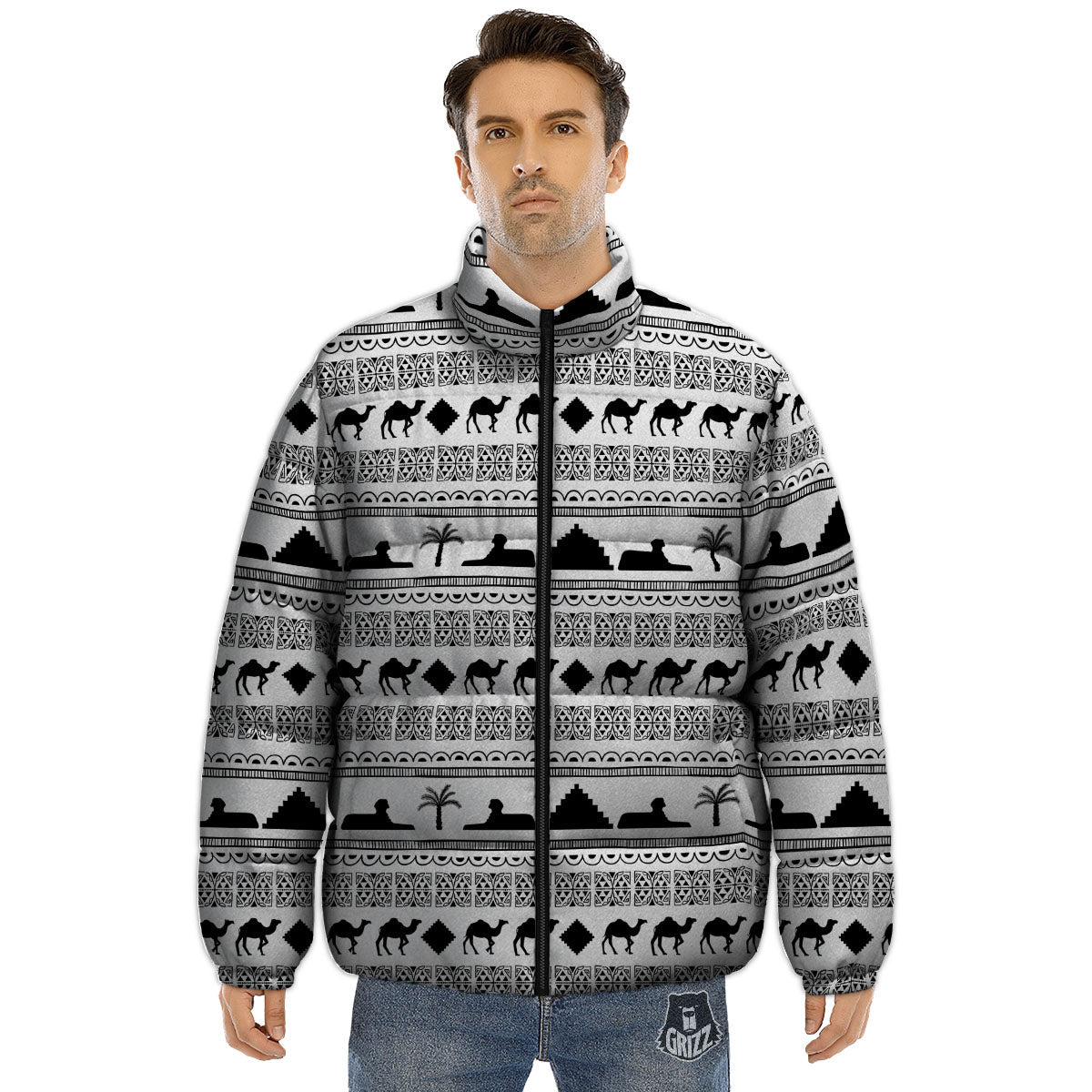 Egyptian White And Black Print Pattern Puffer Jacket-grizzshop