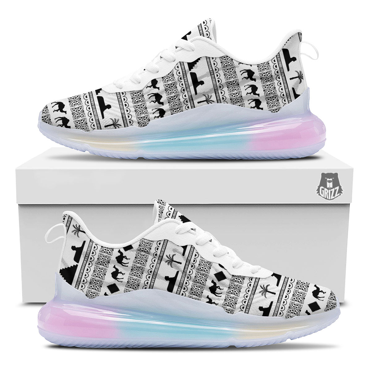 Egyptian White And Black Print Pattern Running Sneakers-grizzshop
