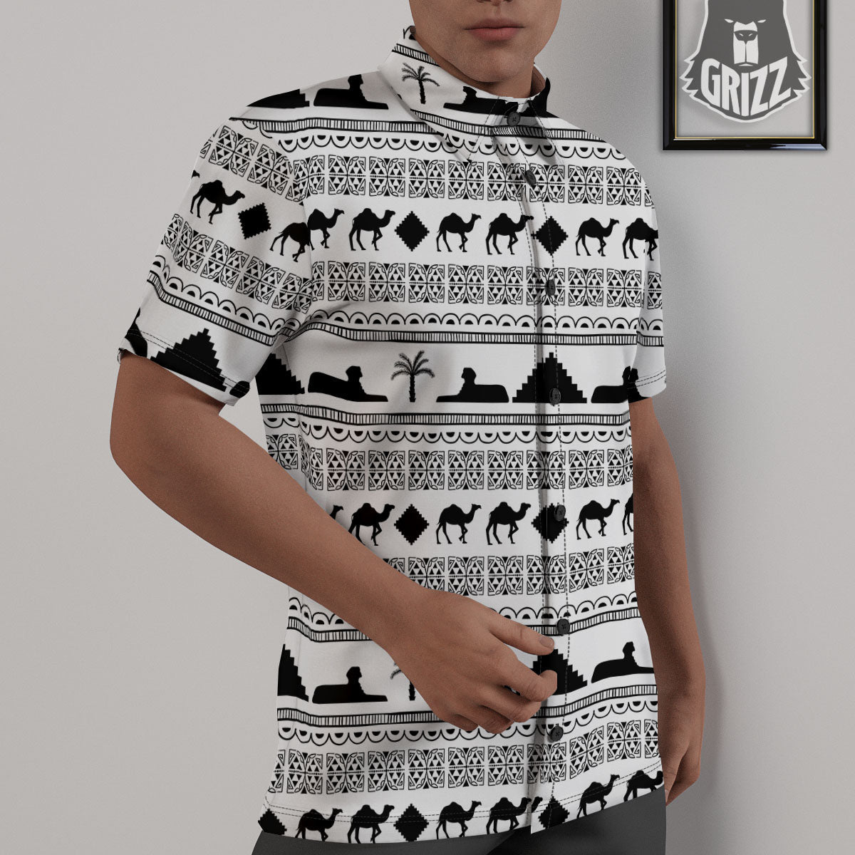 Egyptian White And Black Print Pattern Untucked Shirts-grizzshop