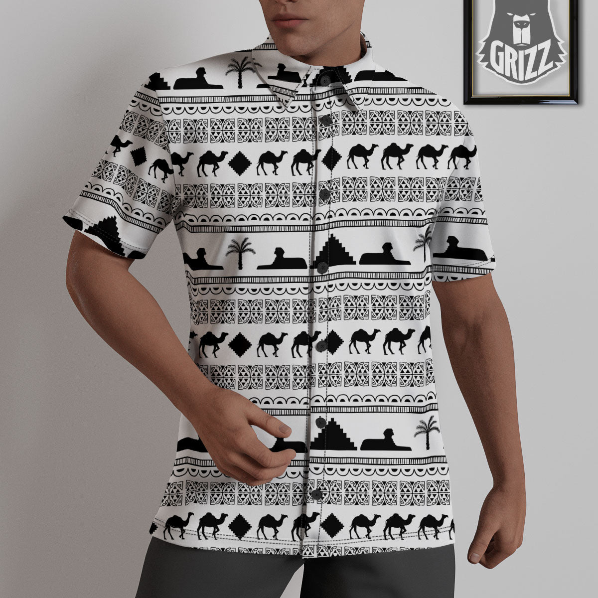 Egyptian White And Black Print Pattern Untucked Shirts-grizzshop