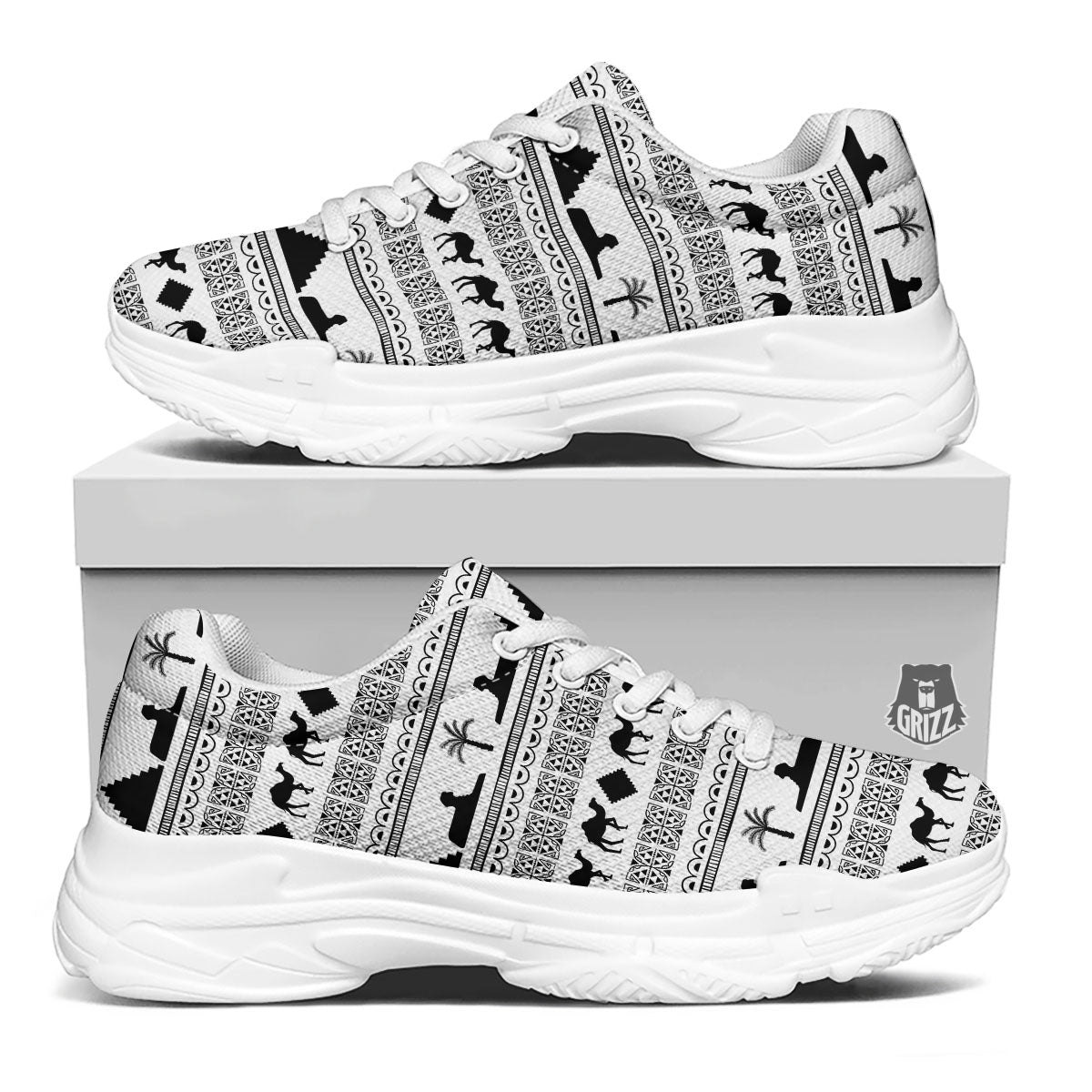 Egyptian White And Black Print Pattern White Chunky Shoes-grizzshop