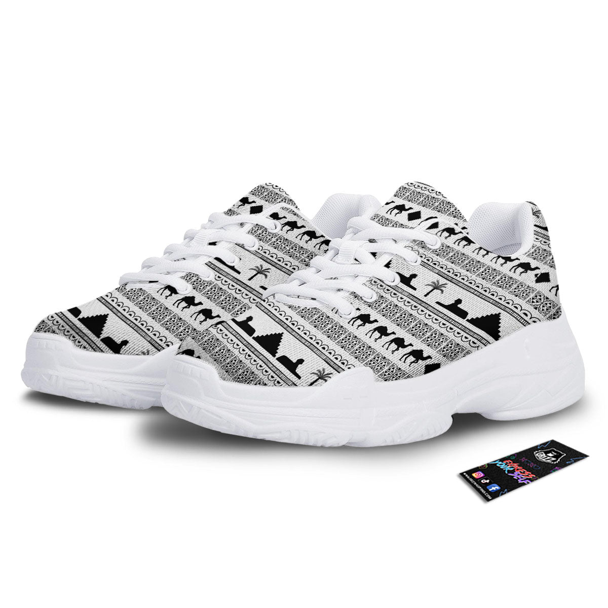 Egyptian White And Black Print Pattern White Chunky Shoes-grizzshop