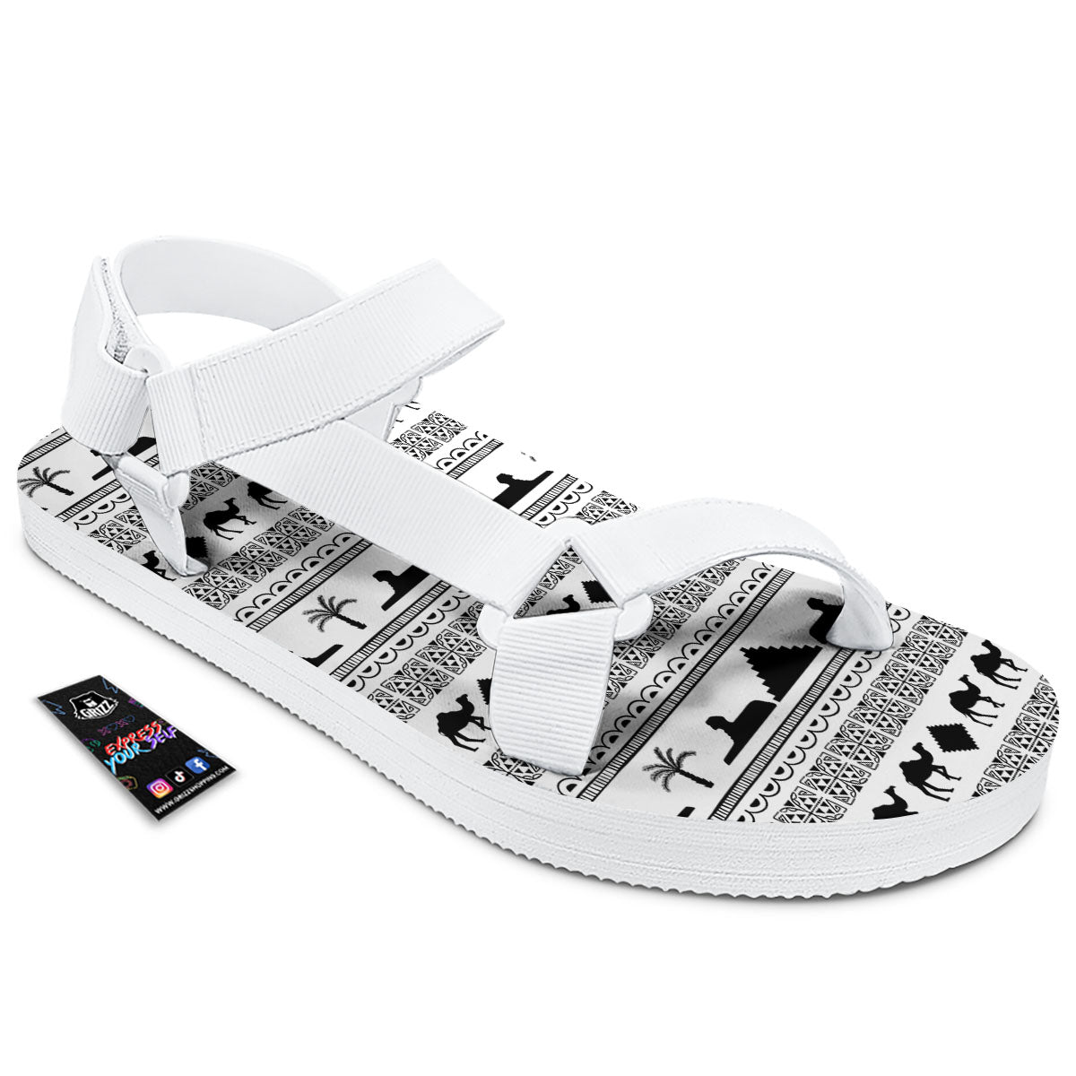 Egyptian White And Black Print Pattern White Open Toe Sandals-grizzshop