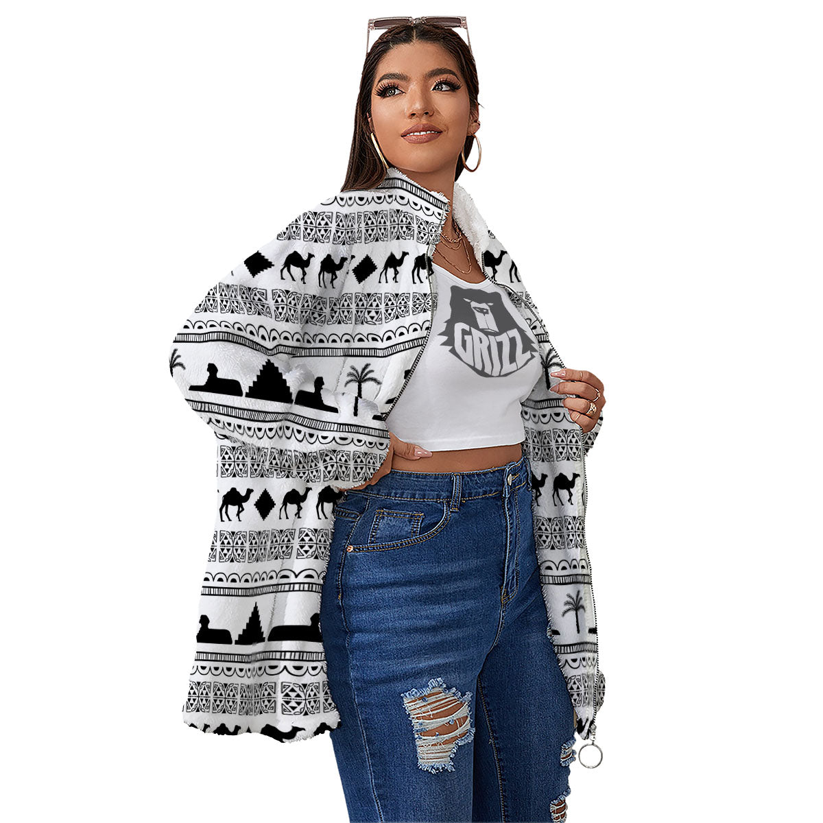Egyptian White And Black Print Pattern Women's Sherpa Jacket-grizzshop