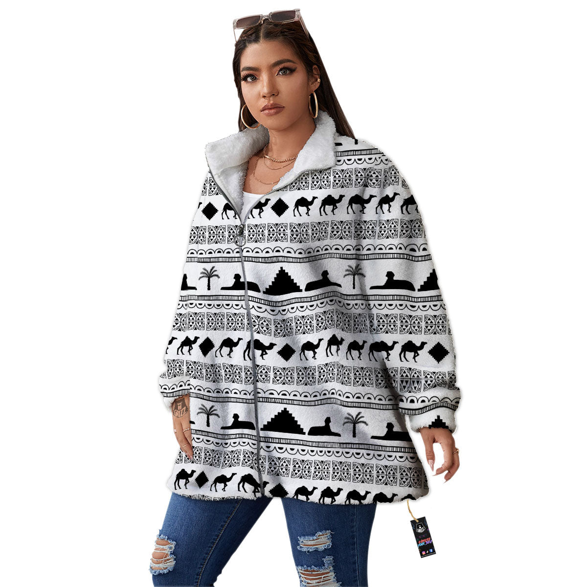 Egyptian White And Black Print Pattern Women's Sherpa Jacket-grizzshop