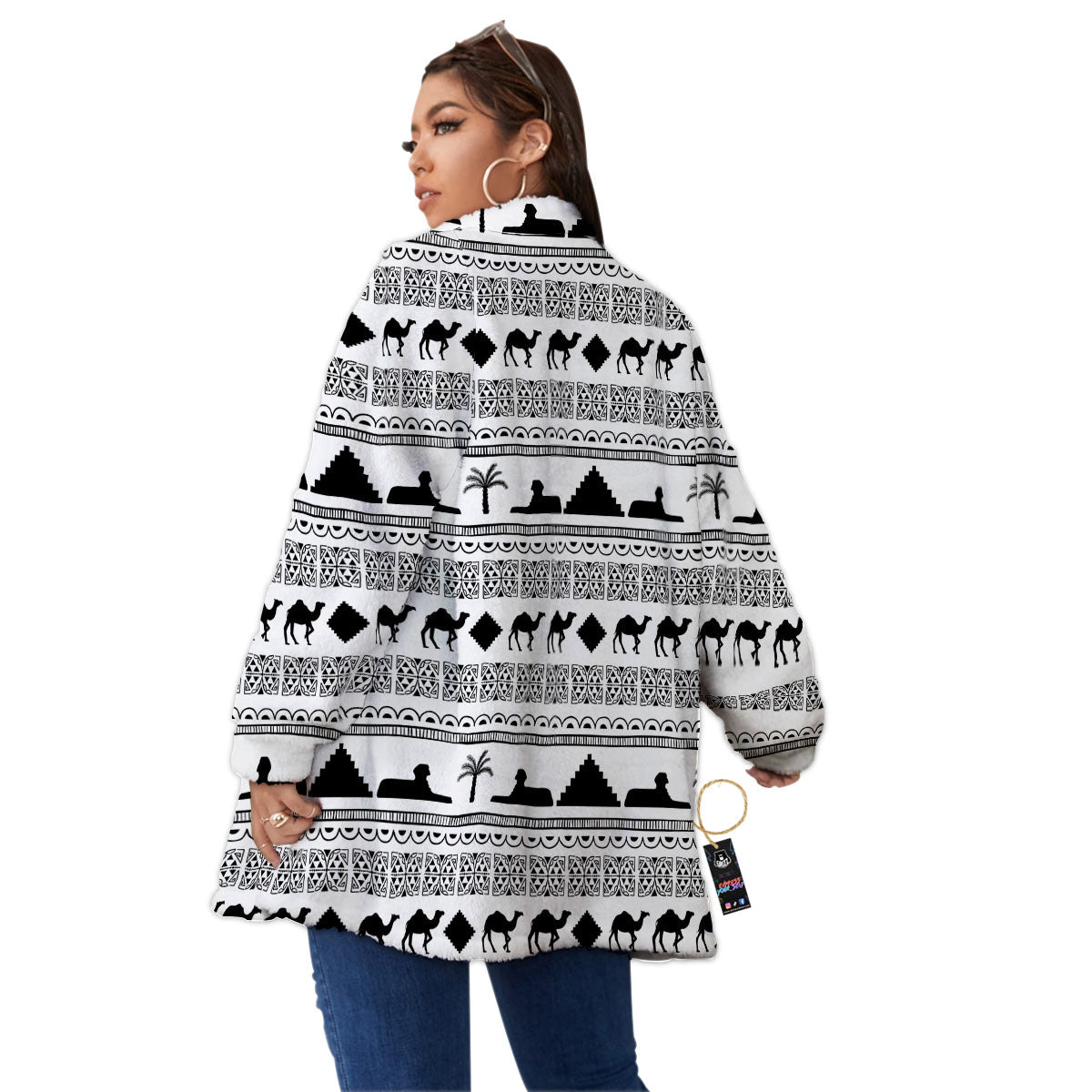 Egyptian White And Black Print Pattern Women's Sherpa Jacket-grizzshop