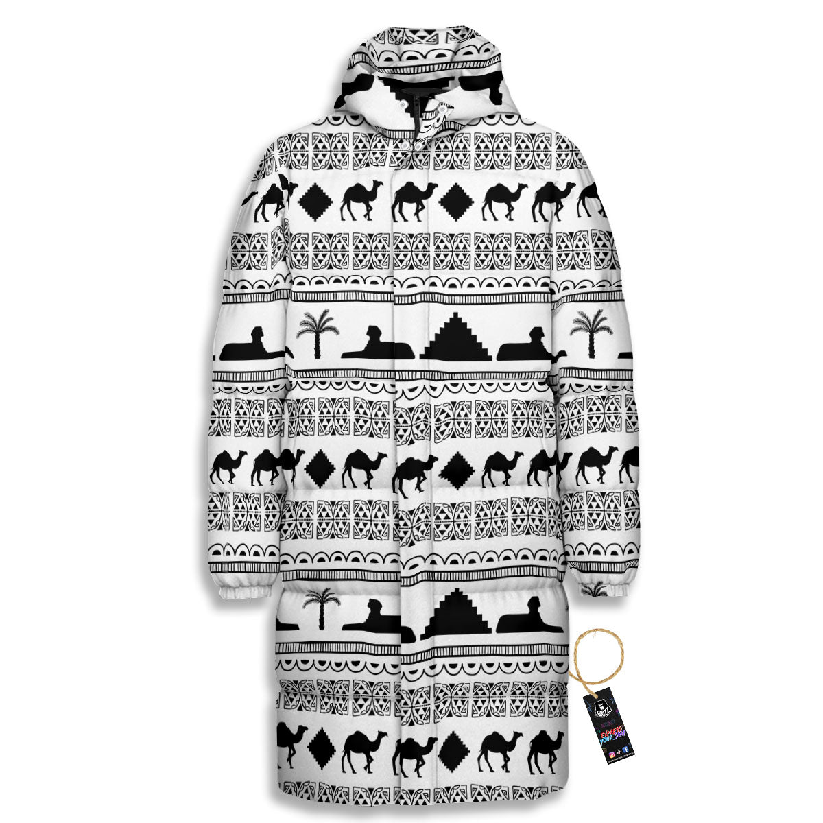 Egyptian White And Black Print Pattern Long Down Jacket