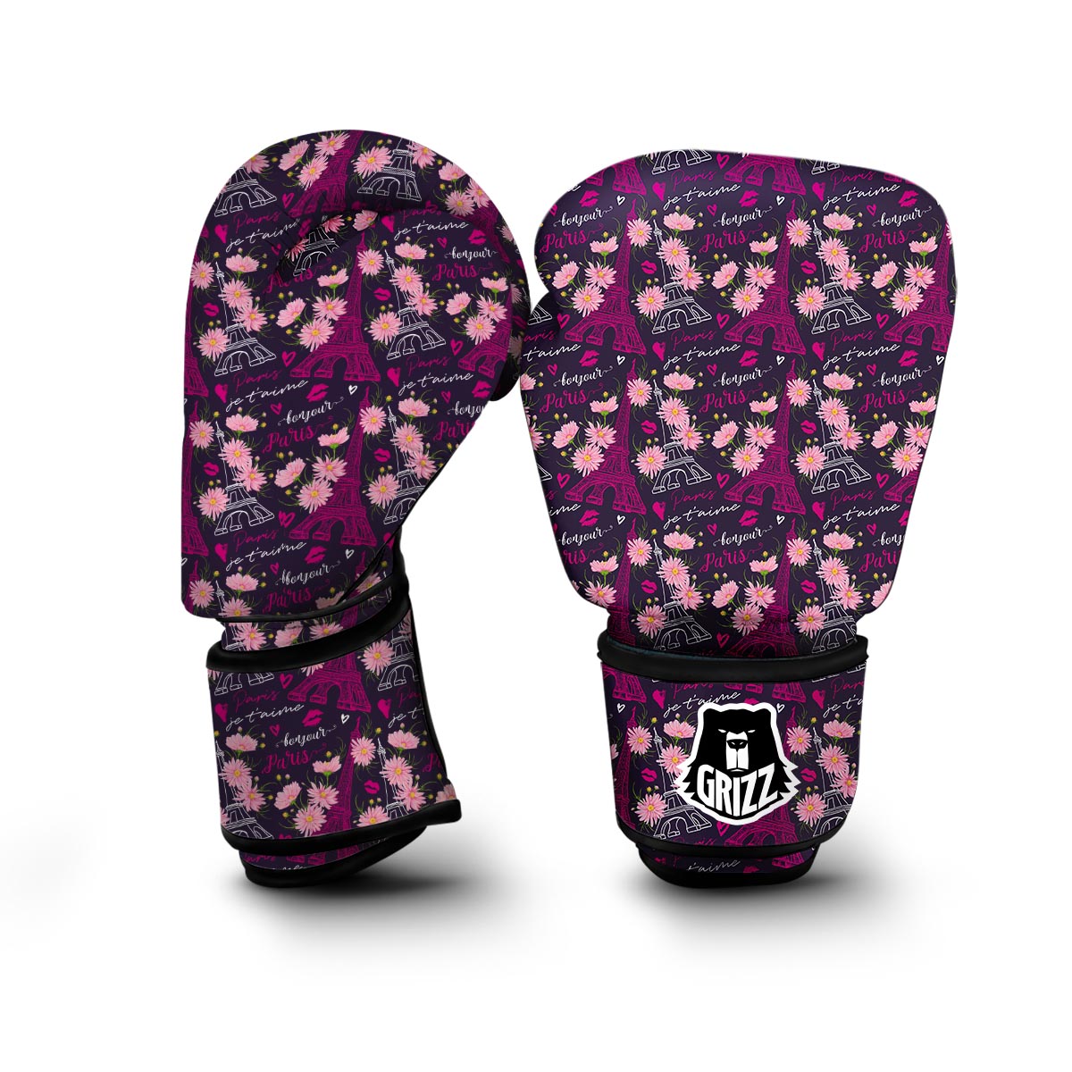 Eiffel Tower Floral Pattern Print Boxing Gloves-grizzshop