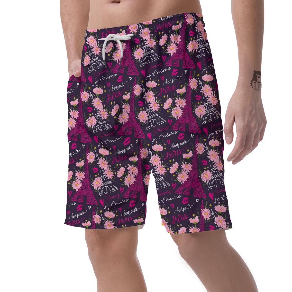 Eiffel Tower Floral Pattern Print Men's Shorts-grizzshop