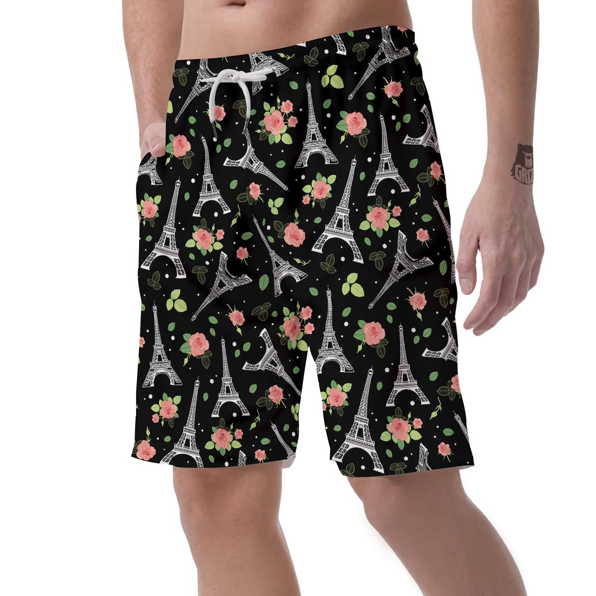 Eiffel Tower Floral Print Pattern Men's Shorts-grizzshop