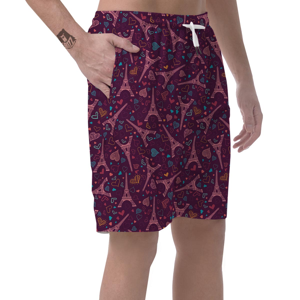 Eiffel Tower Heart Pattern Print Men's Shorts-grizzshop