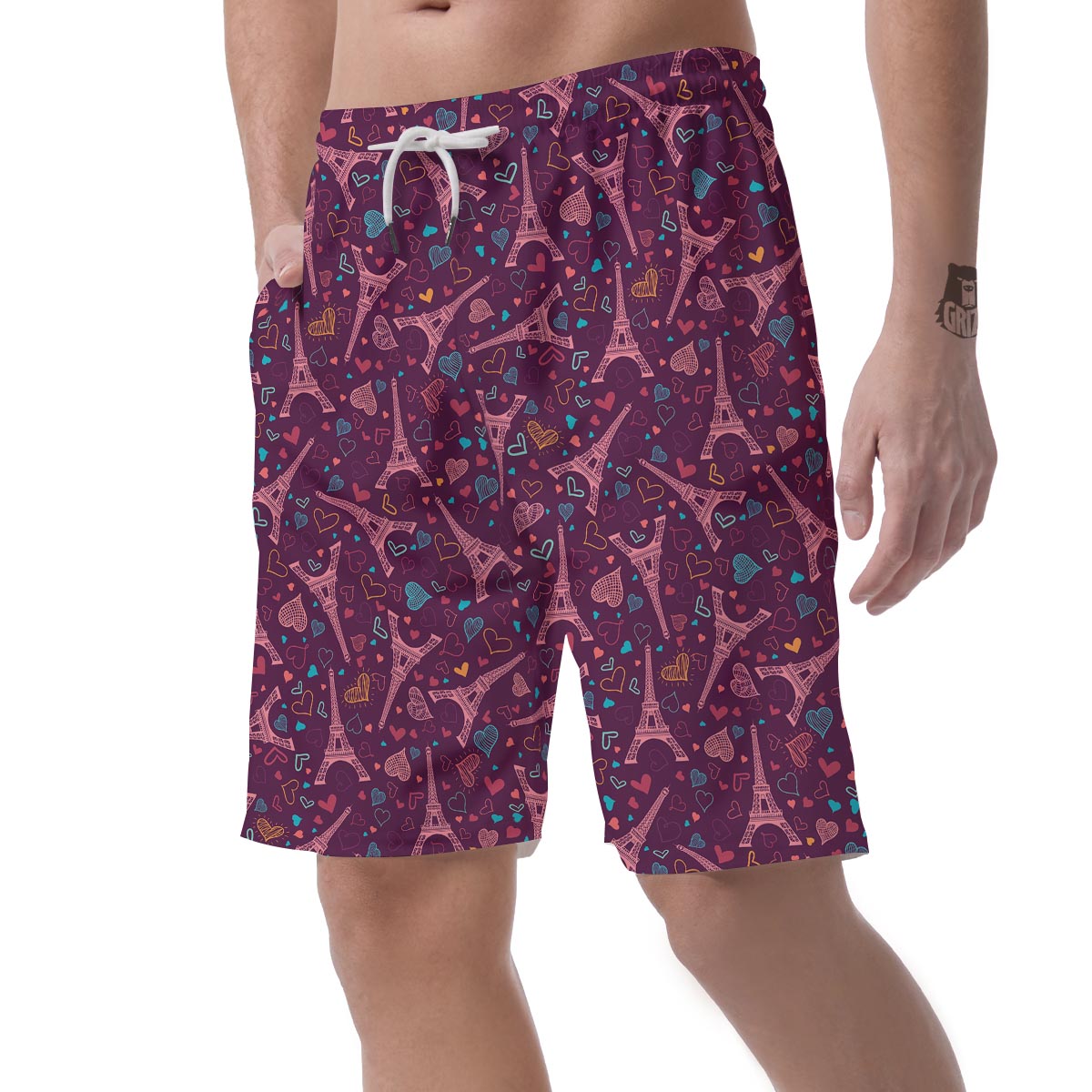 Eiffel Tower Heart Pattern Print Men's Shorts-grizzshop