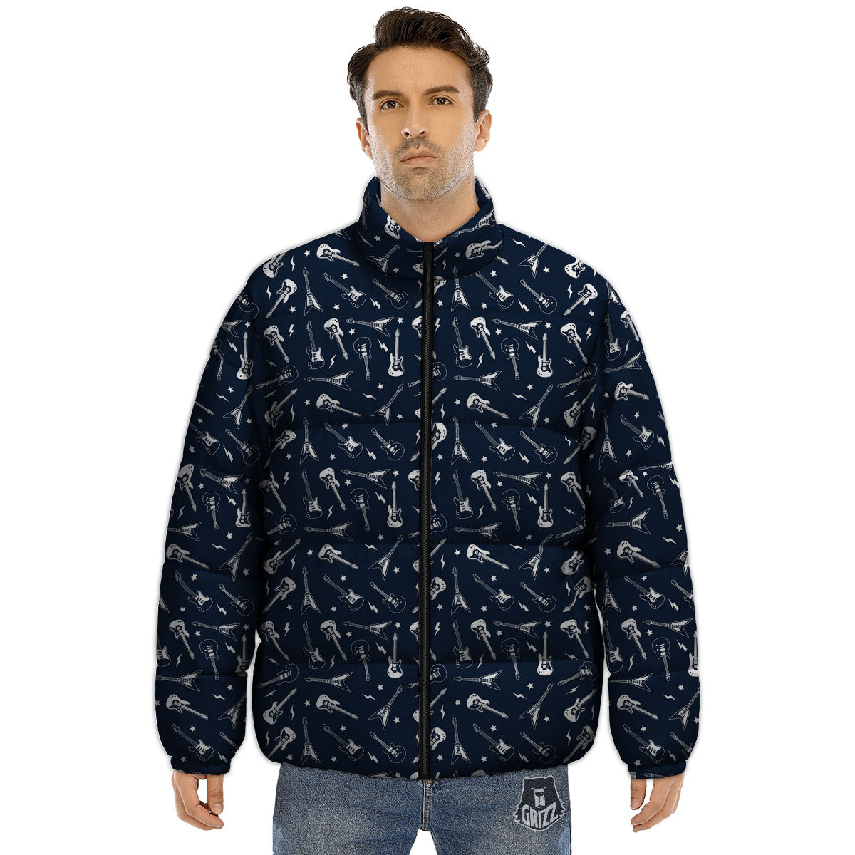 Electric Guitar Print Pattern Puffer Jacket-grizzshop